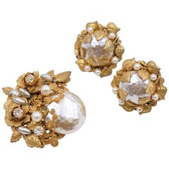 Vintage Classic Miriam Haskell Set Faux Pearls Brooch and Earrings