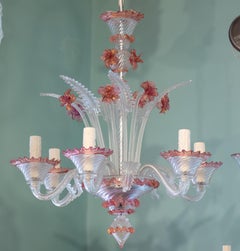 Vintage, Classic Murano Glass Chandelier-Clear and Pink (Raspberry)