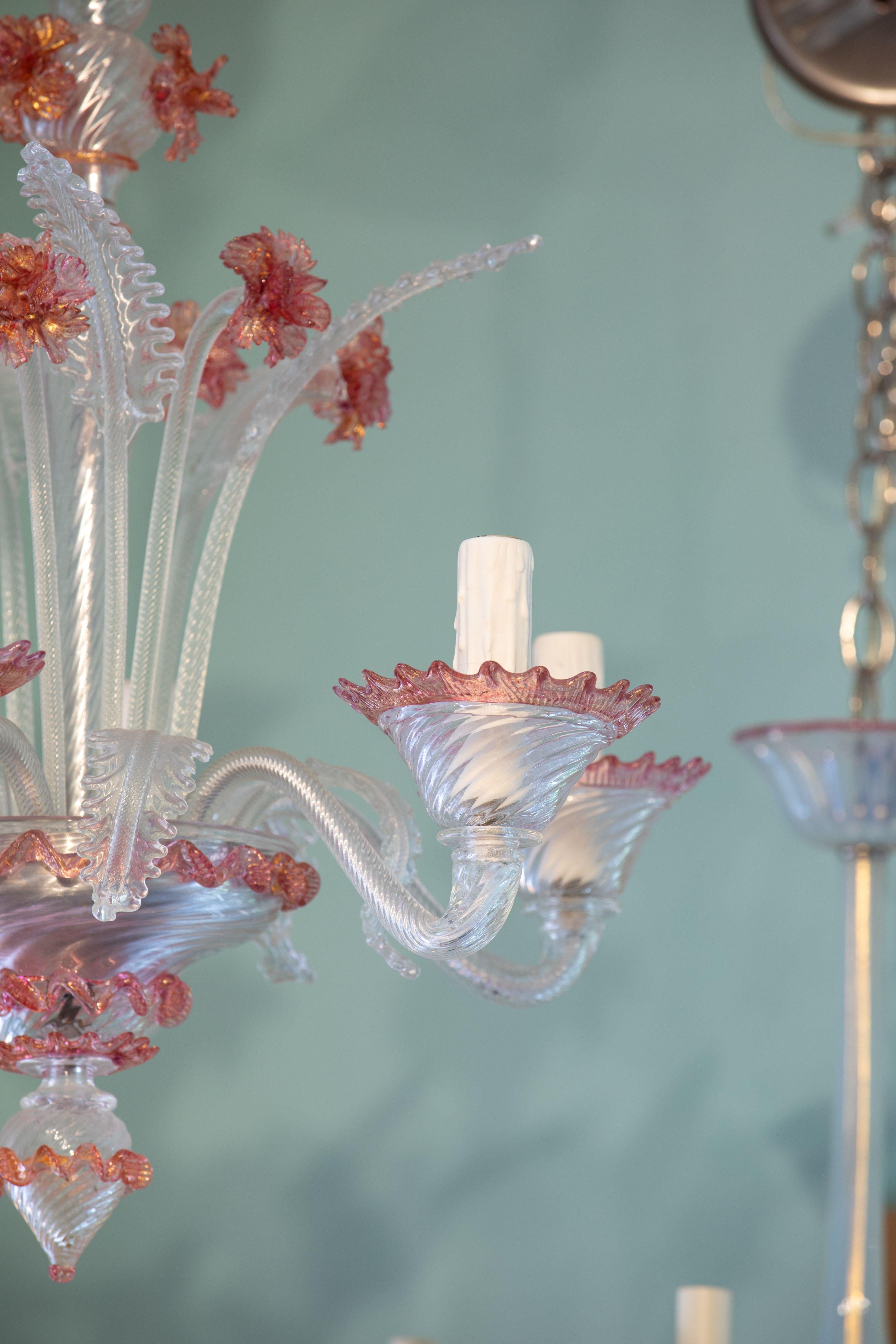 Vintage, Classic Murano Glas Kronleuchter-Klar und Rosa (Himbeere) (Sonstiges) im Angebot