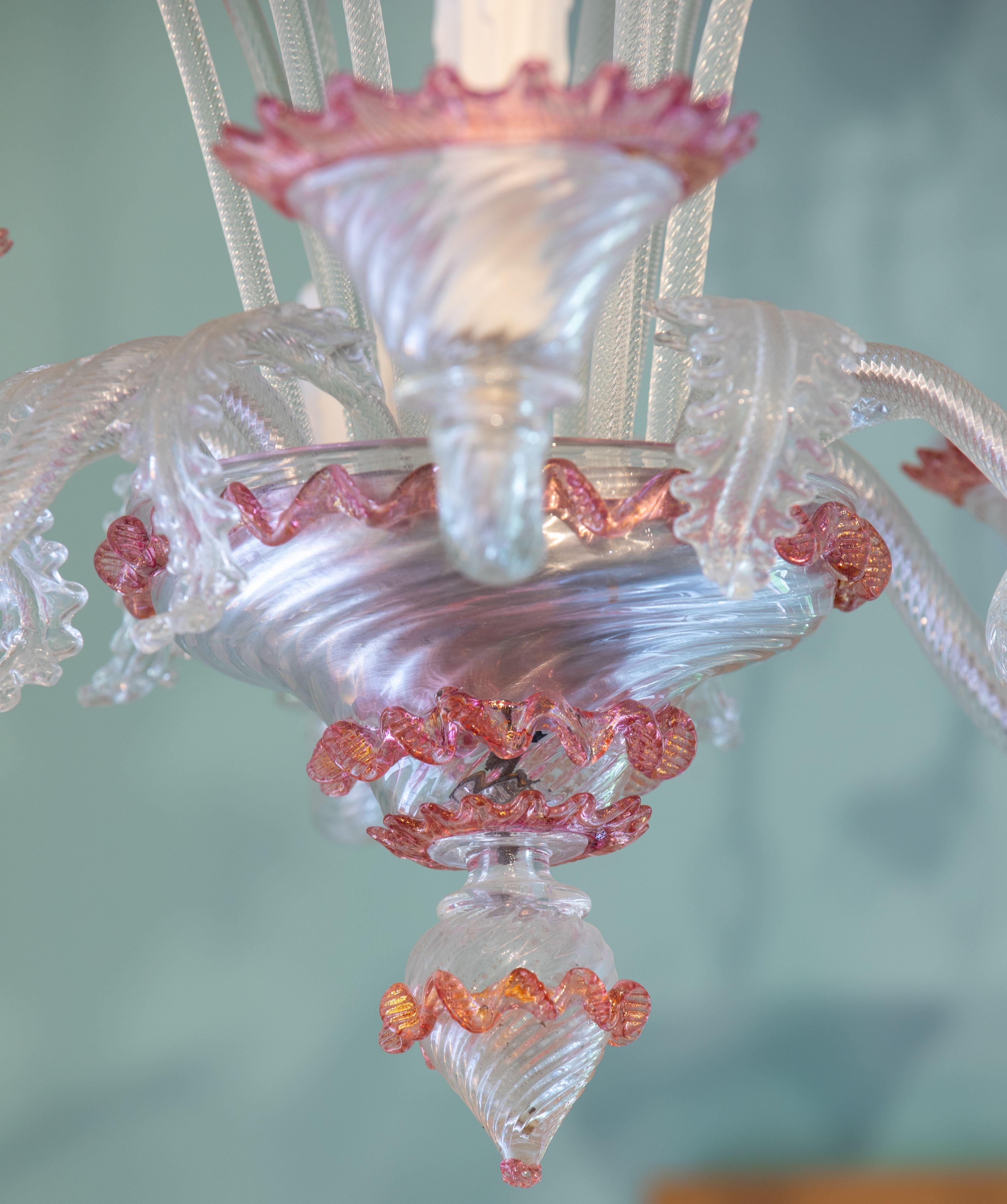 Vintage, Classic Murano Glas Kronleuchter-Klar und Rosa (Himbeere) (Mitte des 20. Jahrhunderts) im Angebot