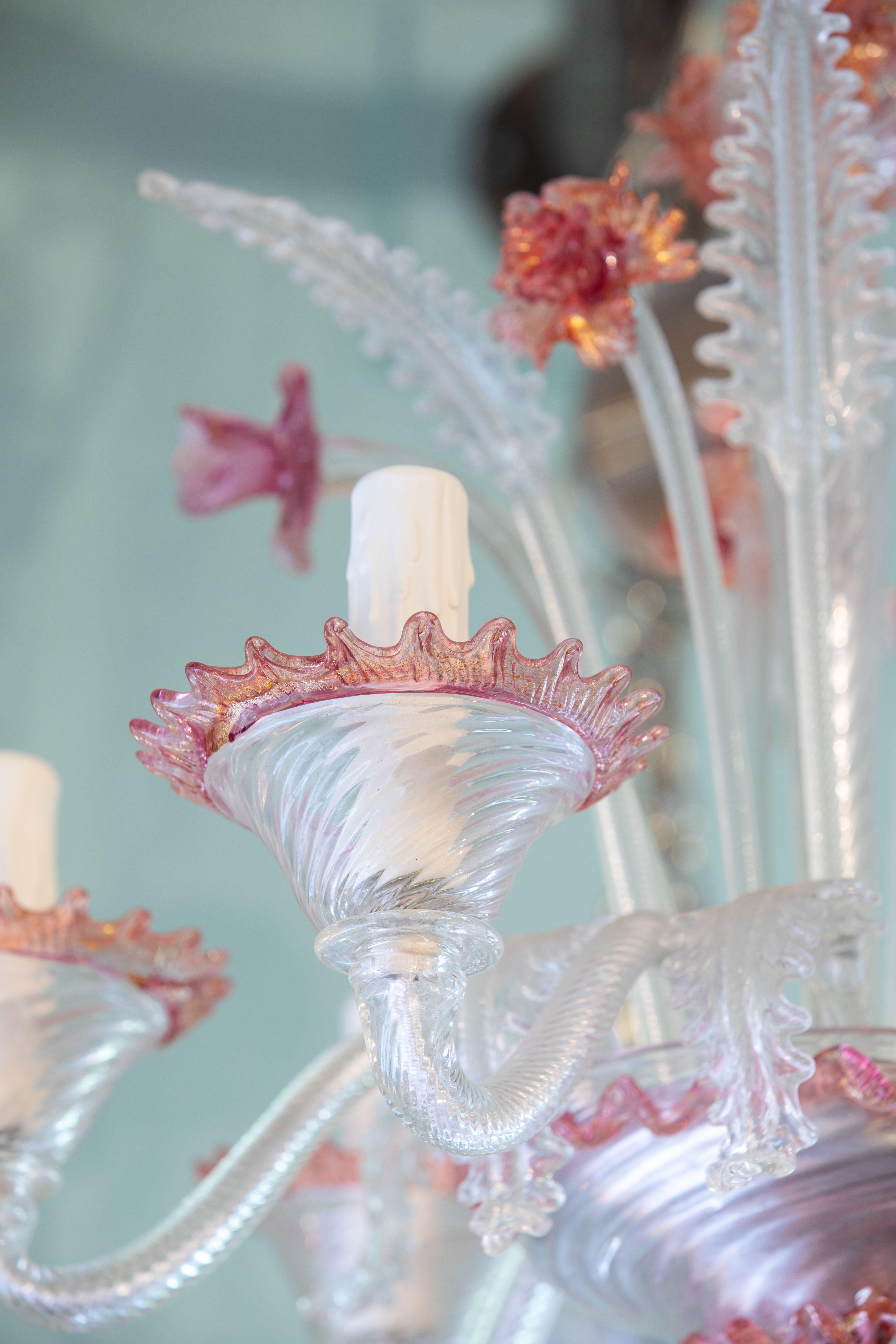 Vintage, Classic Murano Glas Kronleuchter-Klar und Rosa (Himbeere) im Angebot 1