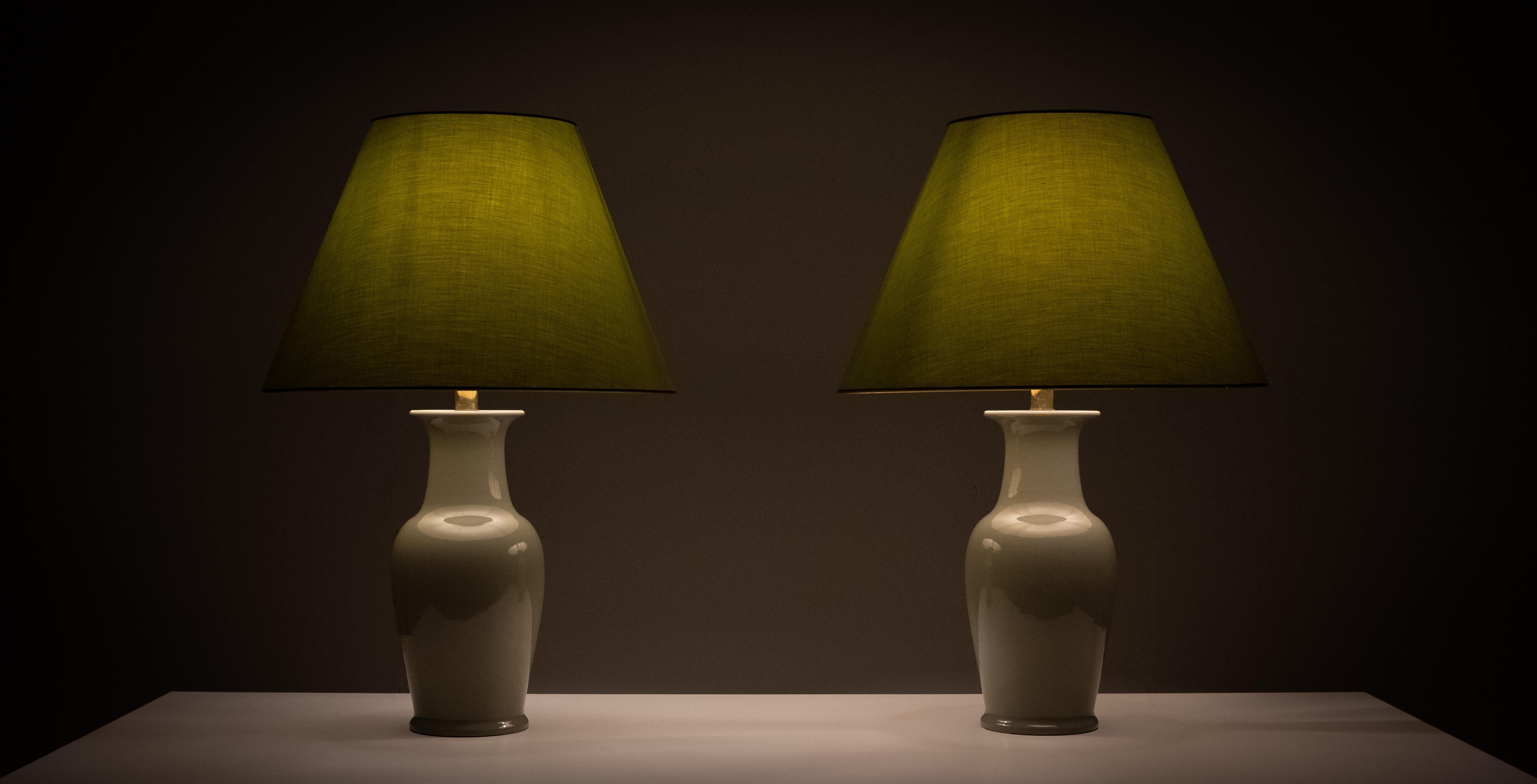 Vintage Classic pastel Green Ceramic table lamps 1970 France In Good Condition For Sale In Den Haag, NL