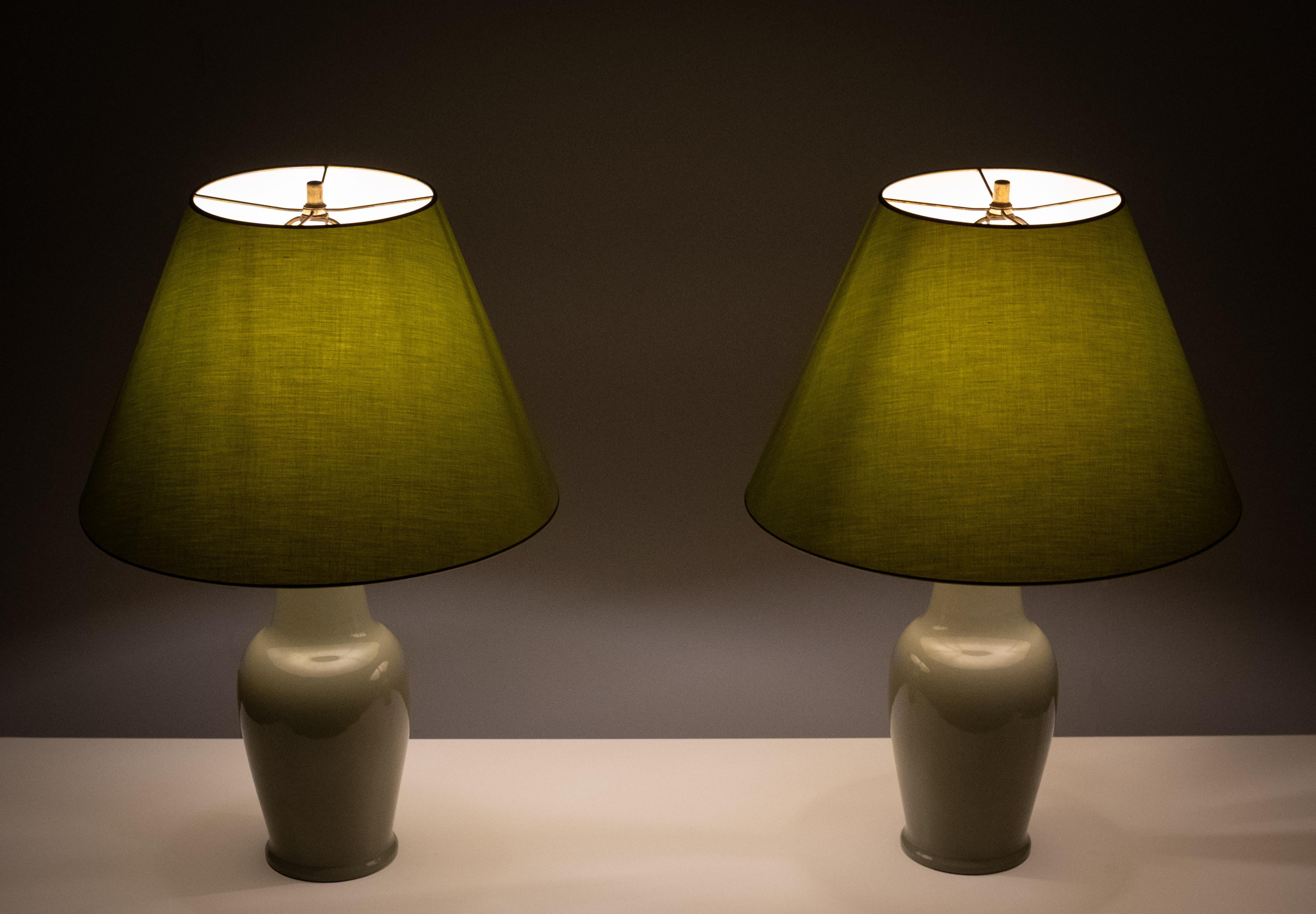 Late 20th Century Vintage Classic pastel Green Ceramic table lamps 1970 France For Sale