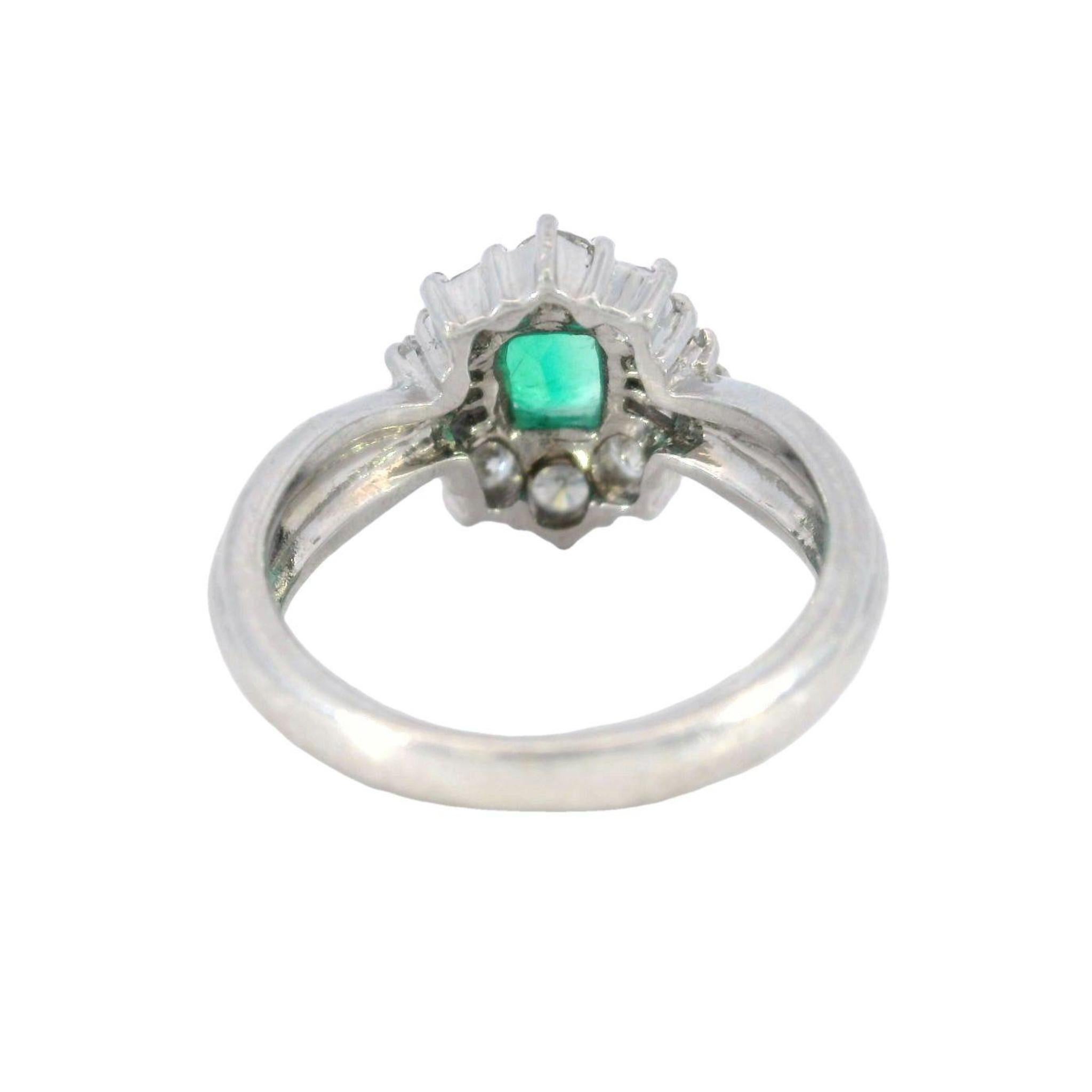 Emerald Cut Vintage Classic Platinum Emerald and Diamond Cluster Ring 1.07ctw For Sale