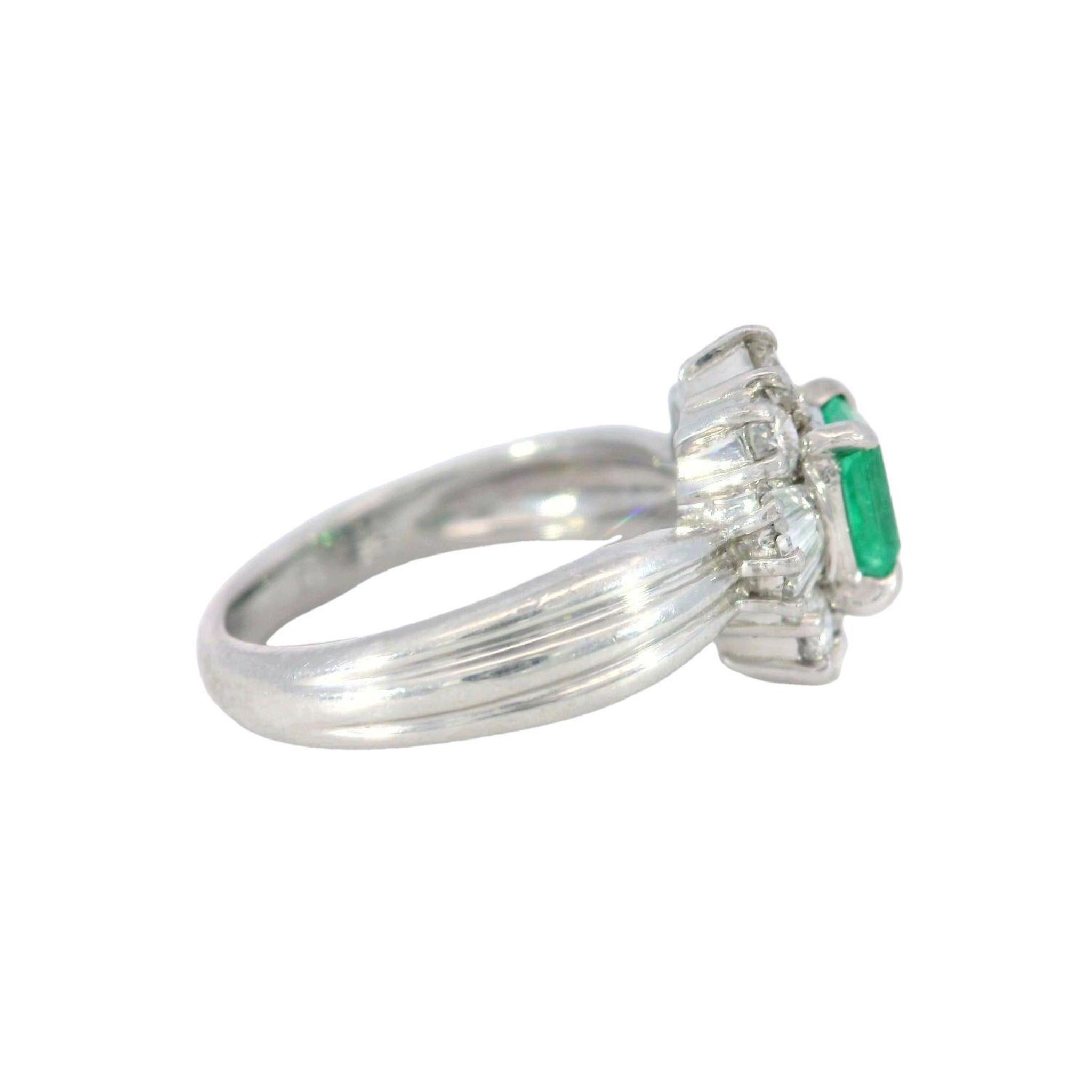 Vintage Classic Platinum Emerald and Diamond Cluster Ring 1.07ctw In Excellent Condition For Sale In Fairfield, CT