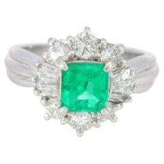 Vintage Classic Platinum Emerald and Diamond Cluster Ring 1.07ctw