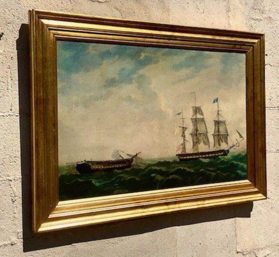 A fantastic vintage Boho reproduction painting on canvas. A chic printed composition of easily American sailboats. Part of a set that is available on my Chairish page. Acquired from a NY estate.