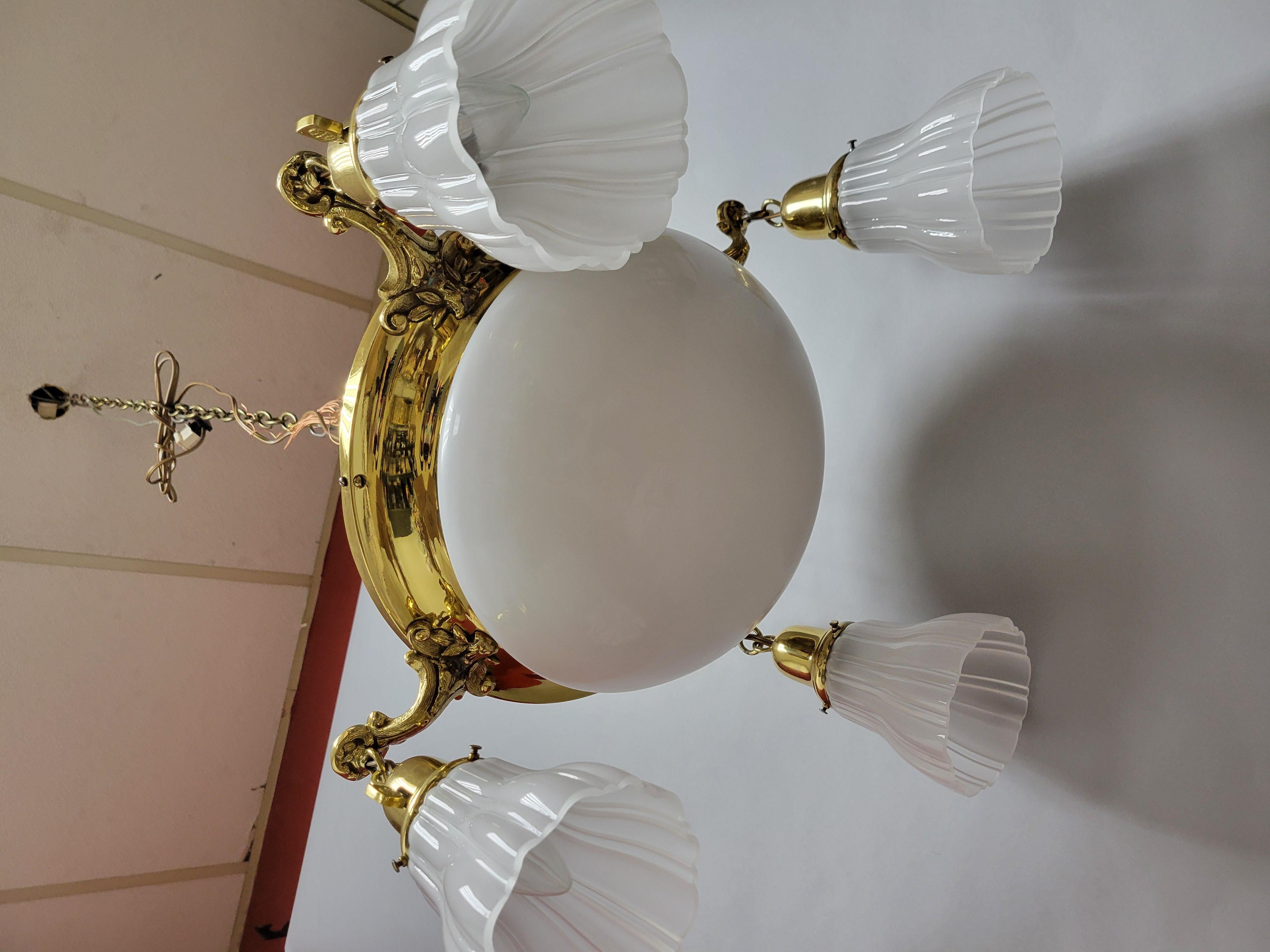 Vintage Classic Revival Brass Pan fixture with Glass Shades For Sale 10