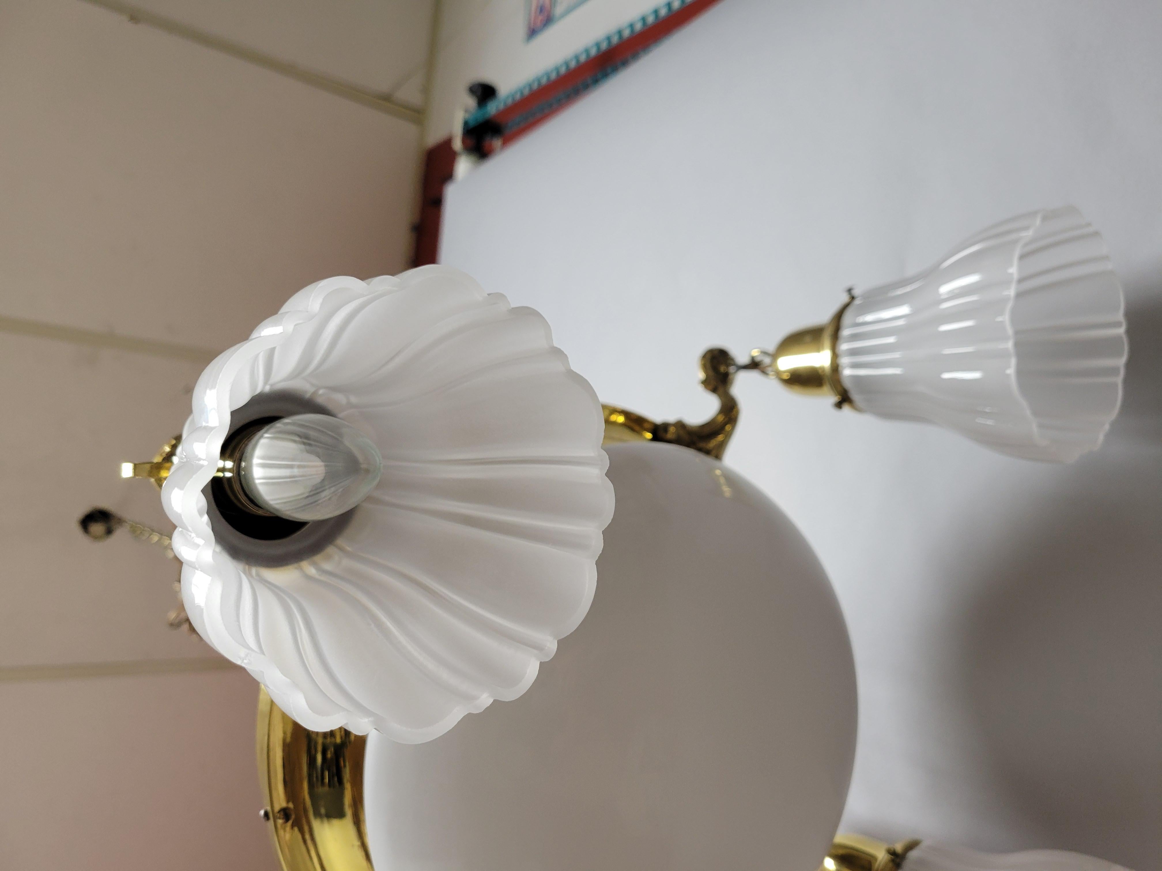 Vintage Classic Revival Brass Pan fixture with Glass Shades For Sale 11