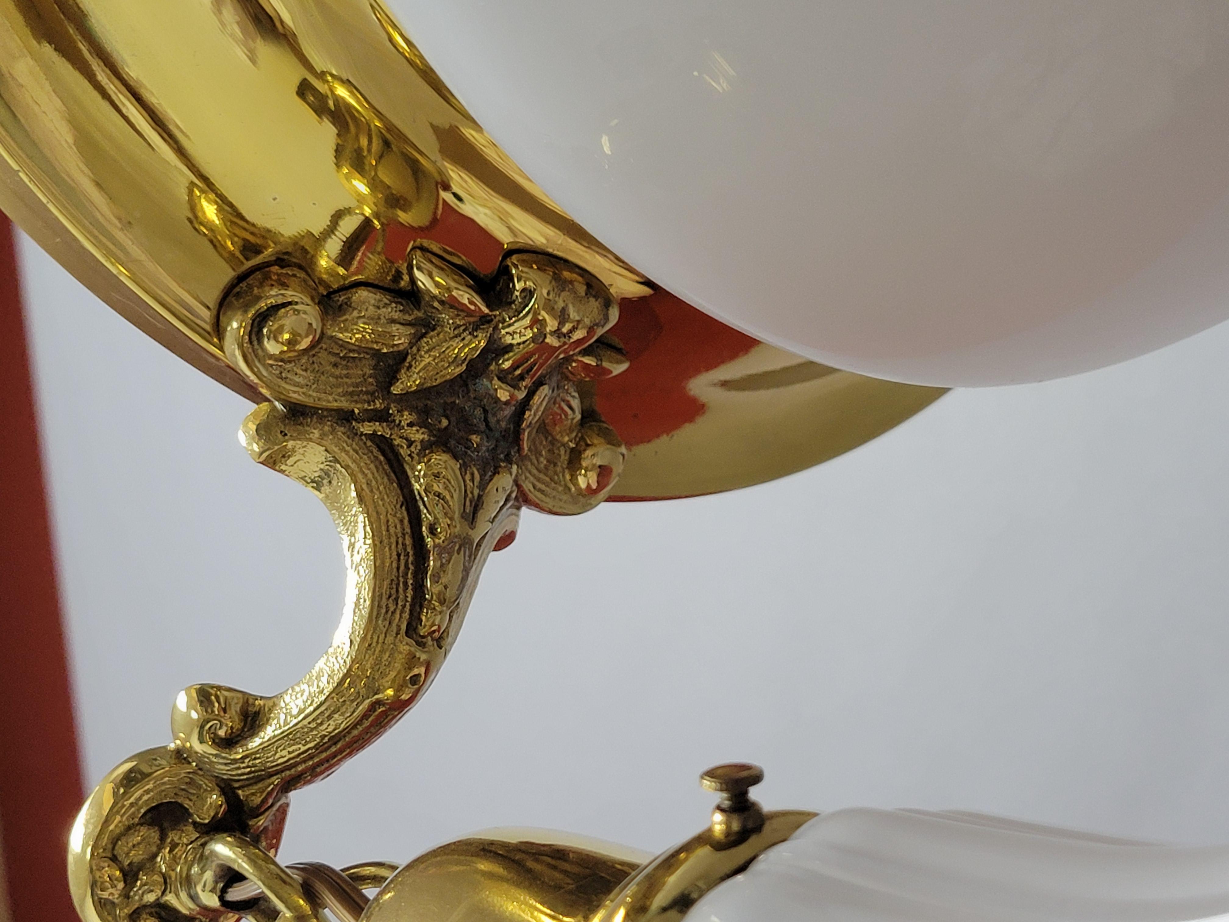 Vintage Classic Revival Brass Pan fixture with Glass Shades For Sale 12