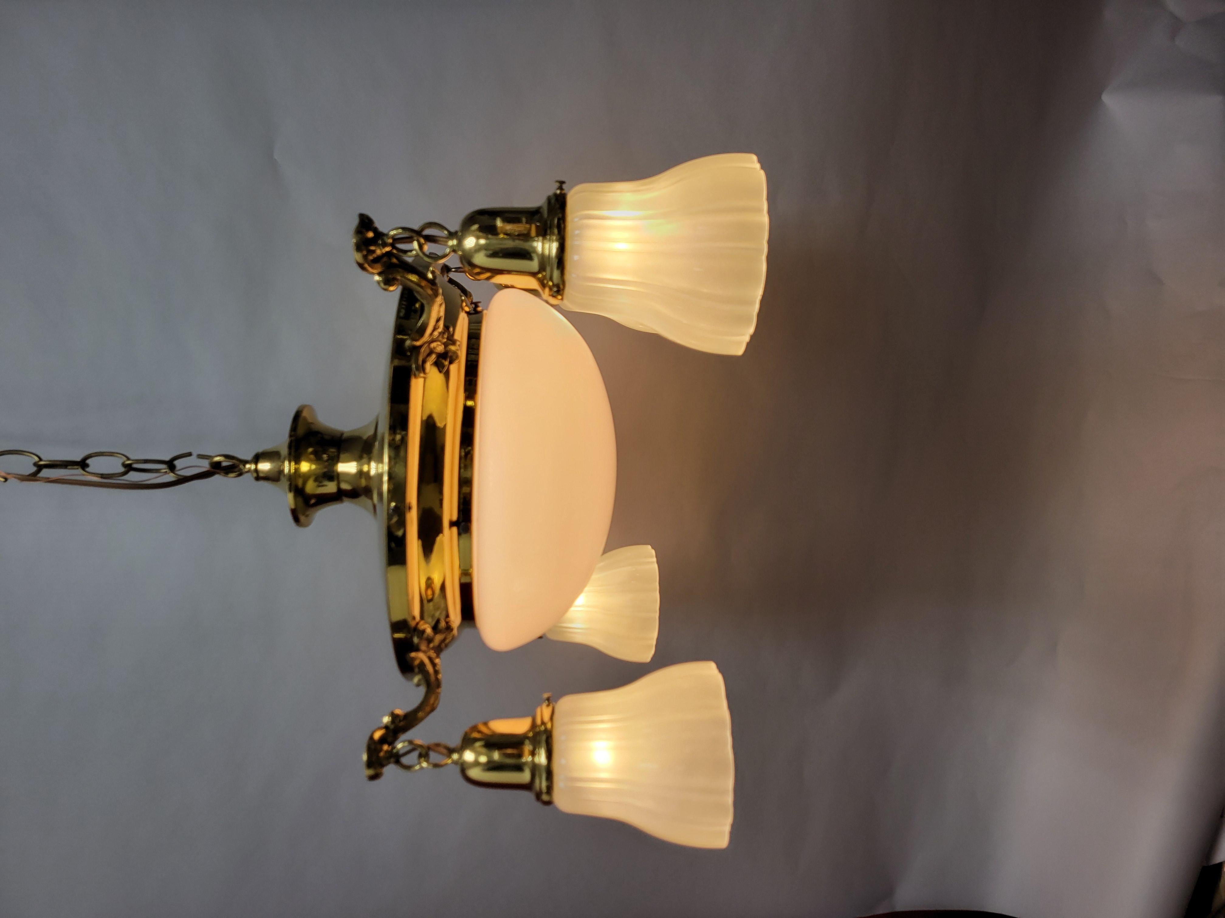 Brass pan fixtures were very popular from 1900 until about the 1930s.  They are available in many configurations, some with glass, some without.  The pans are usually plain with detail on the arms. This is a particularly nice example because it has