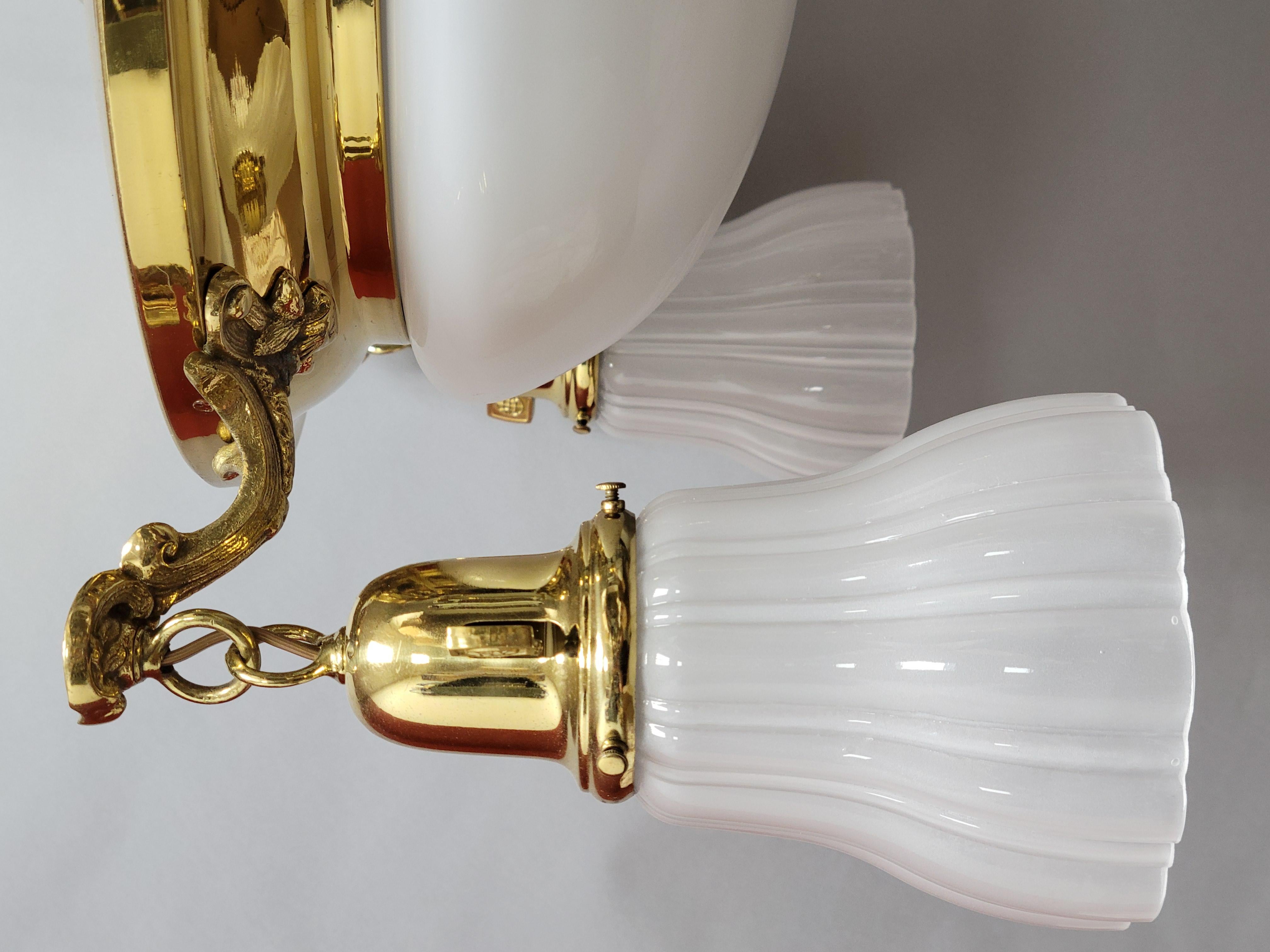 Vintage Classic Revival Brass Pan fixture with Glass Shades For Sale 15
