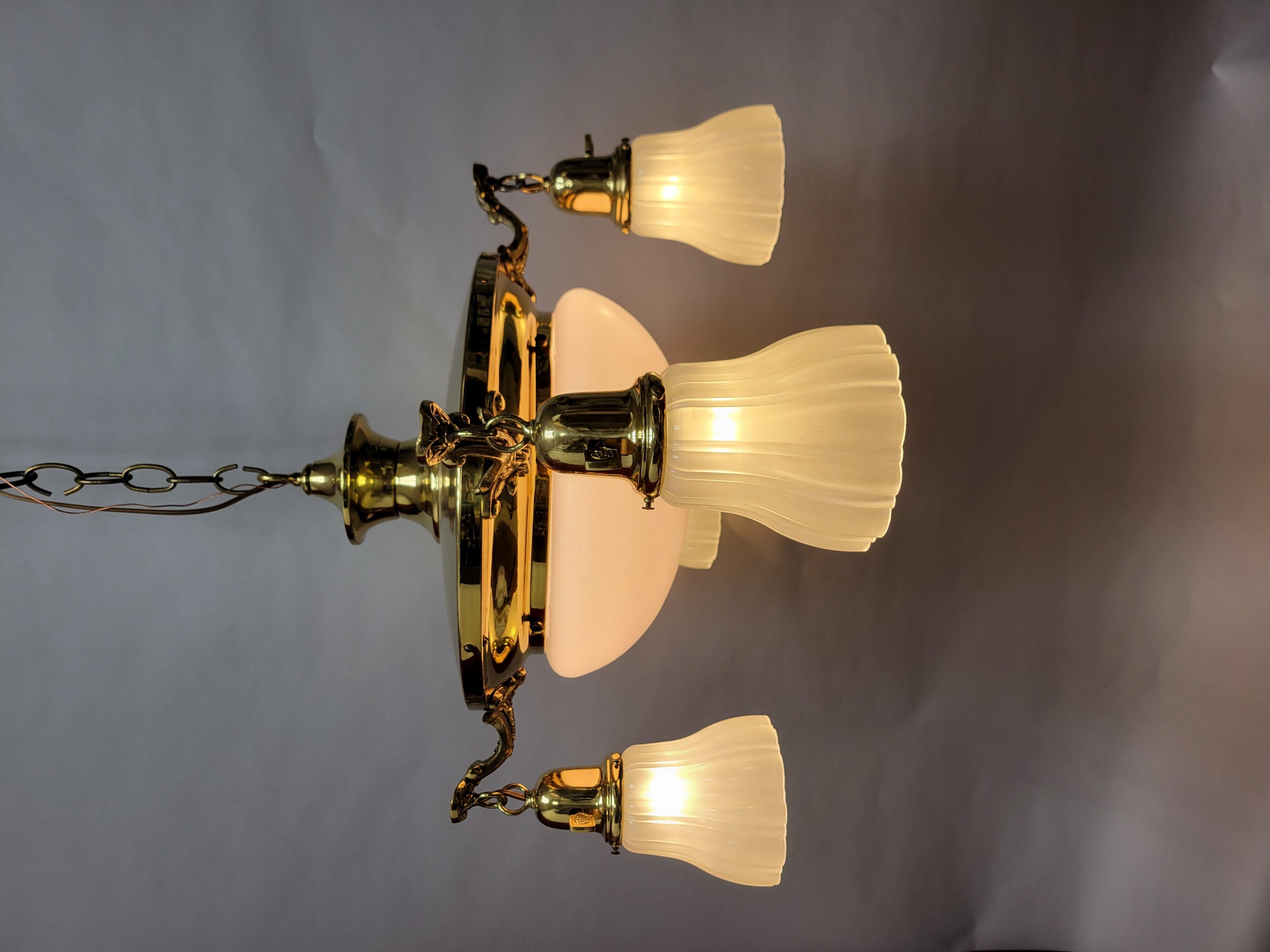 Unknown Vintage Classic Revival Brass Pan fixture with Glass Shades For Sale