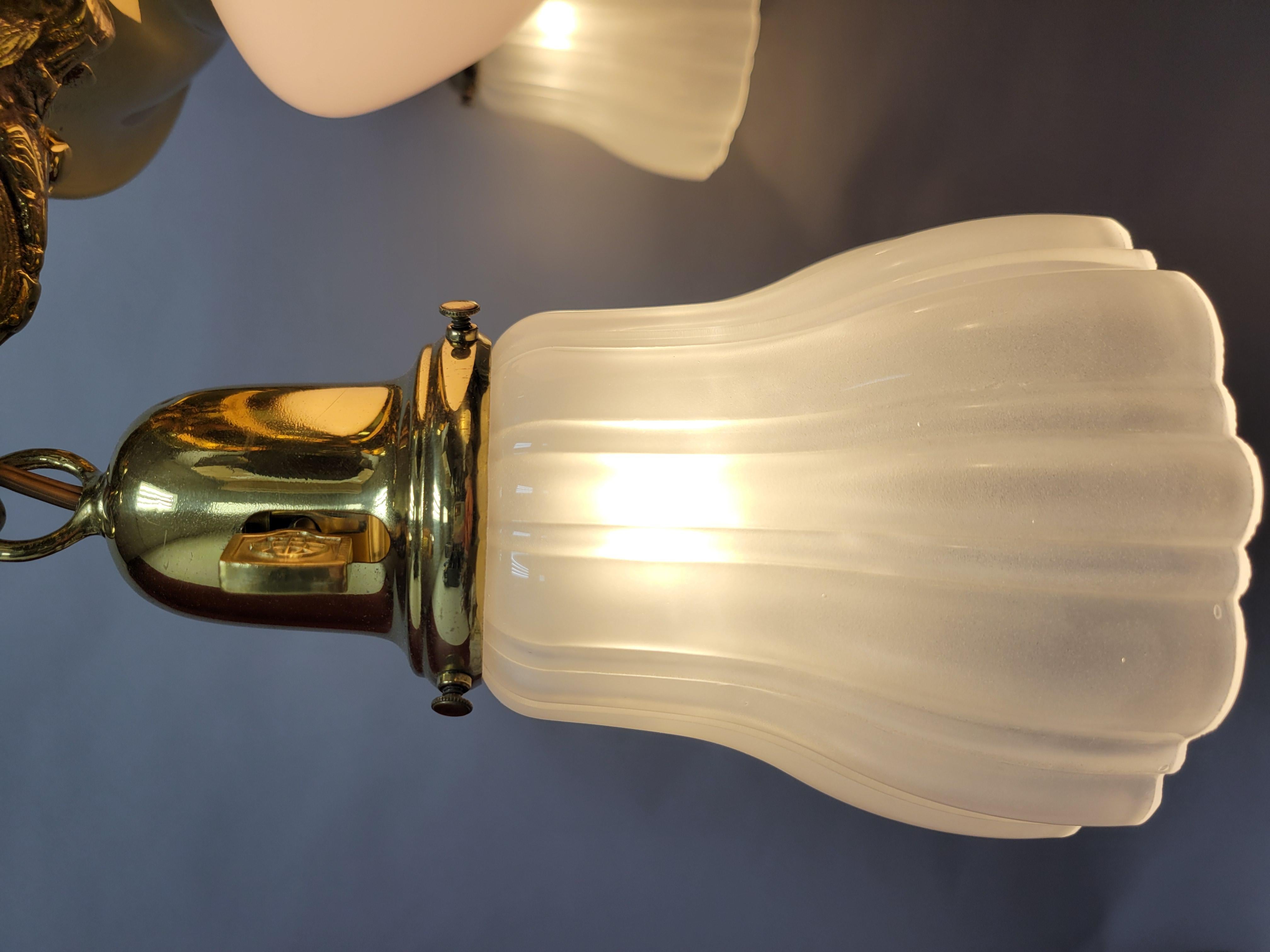 Vintage Classic Revival Brass Pan fixture with Glass Shades In Good Condition For Sale In Cincinnati, OH