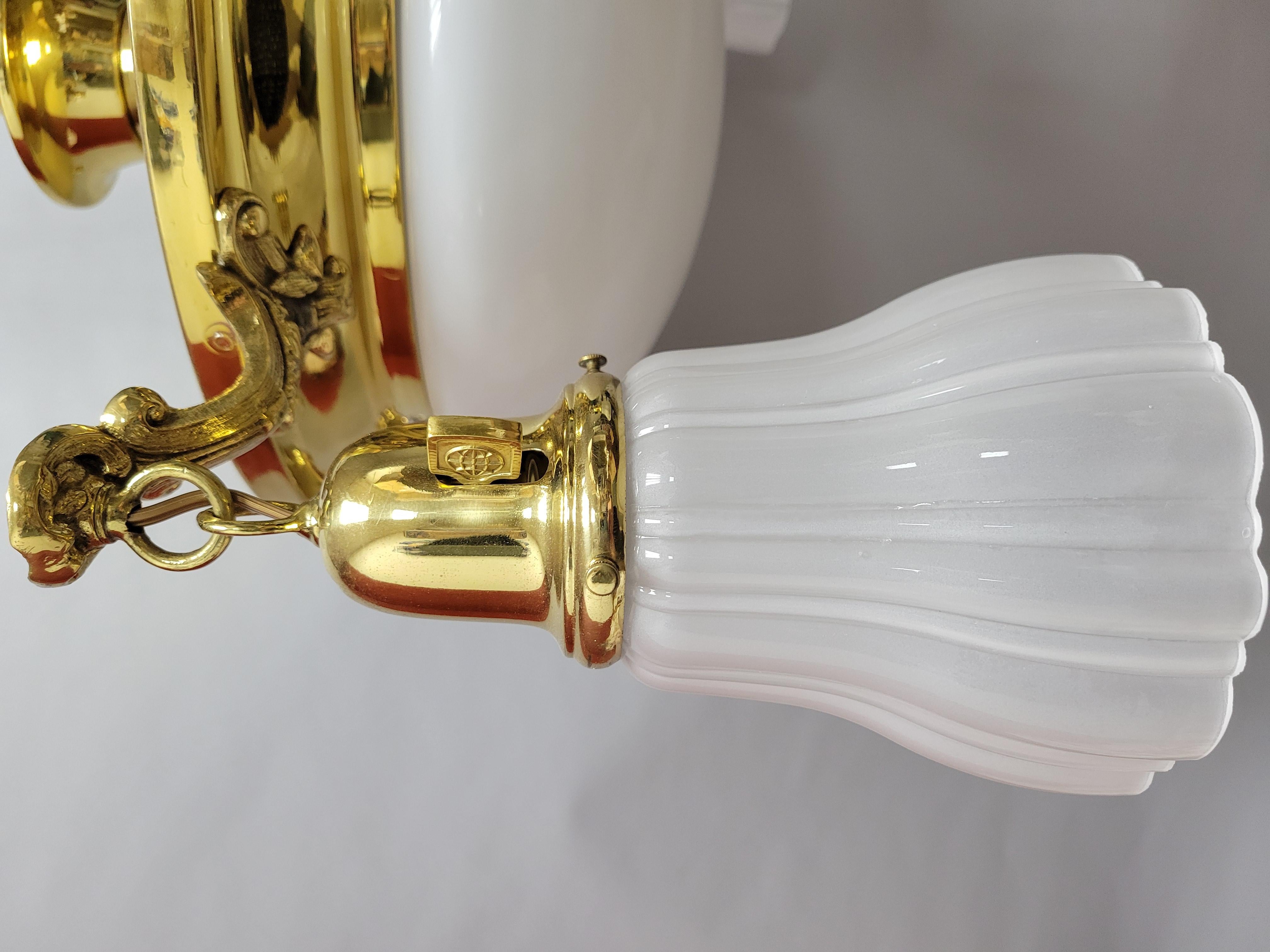 20th Century Vintage Classic Revival Brass Pan fixture with Glass Shades For Sale