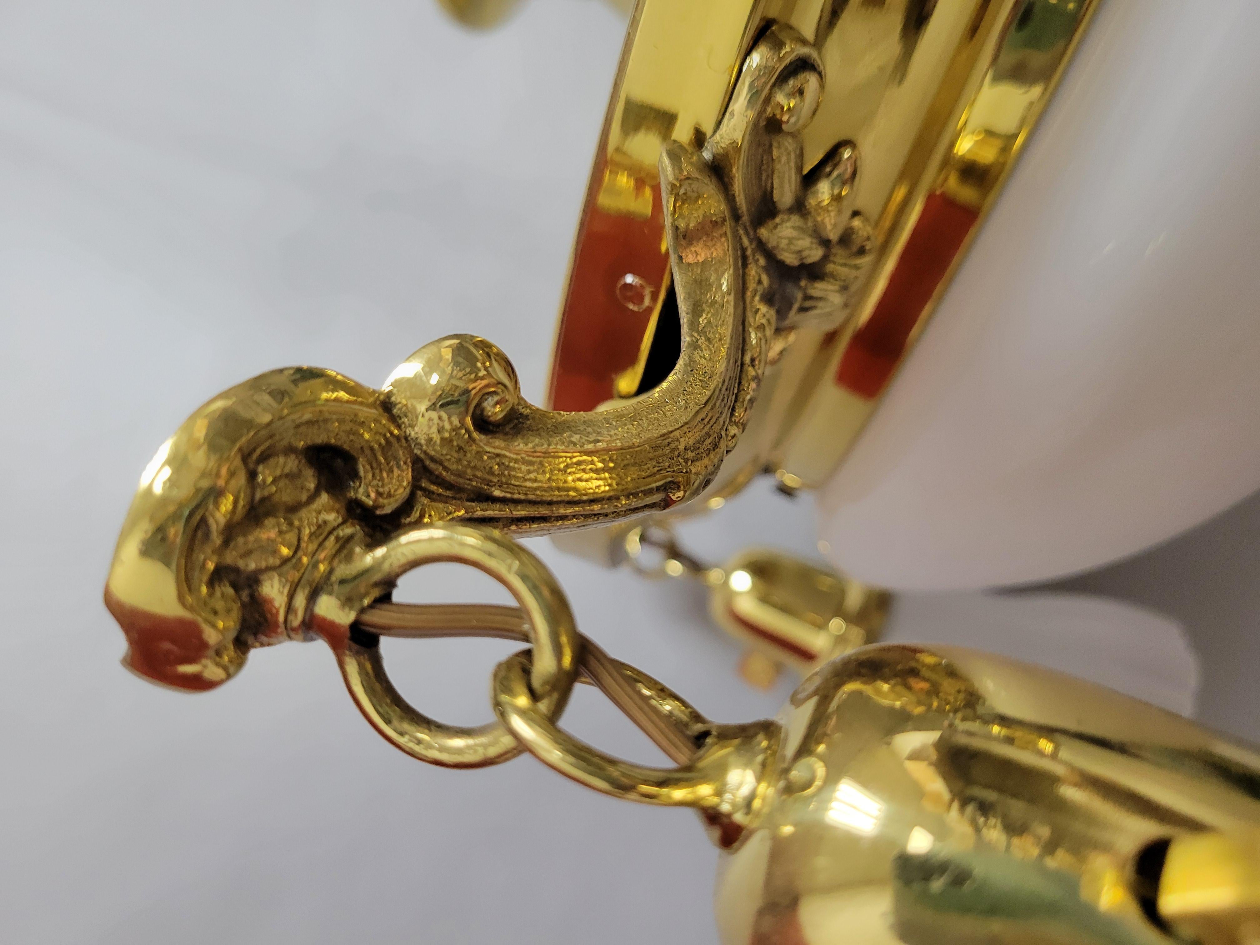 Vintage Classic Revival Brass Pan fixture with Glass Shades For Sale 2