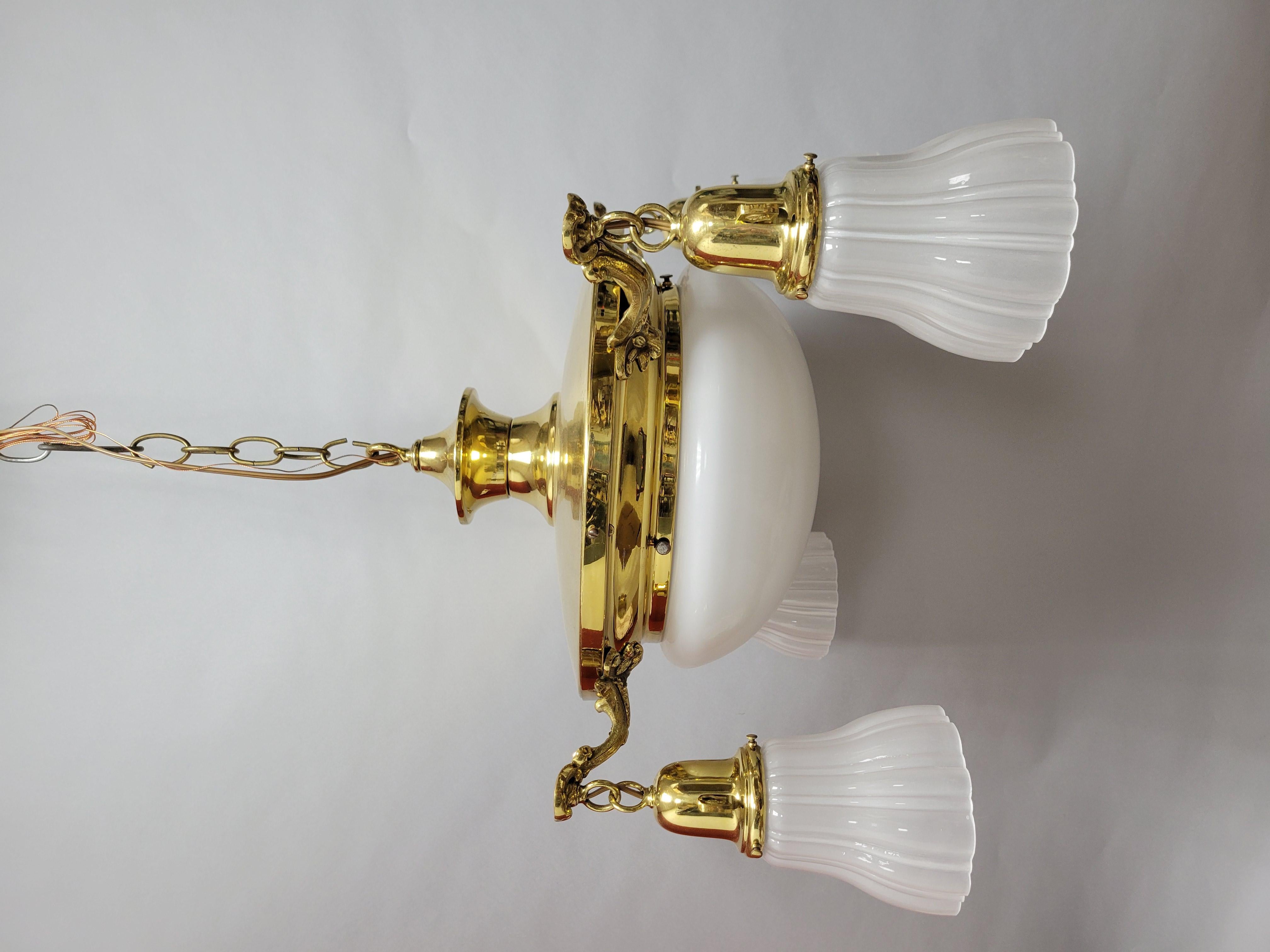 Vintage Classic Revival Brass Pan fixture with Glass Shades For Sale 3
