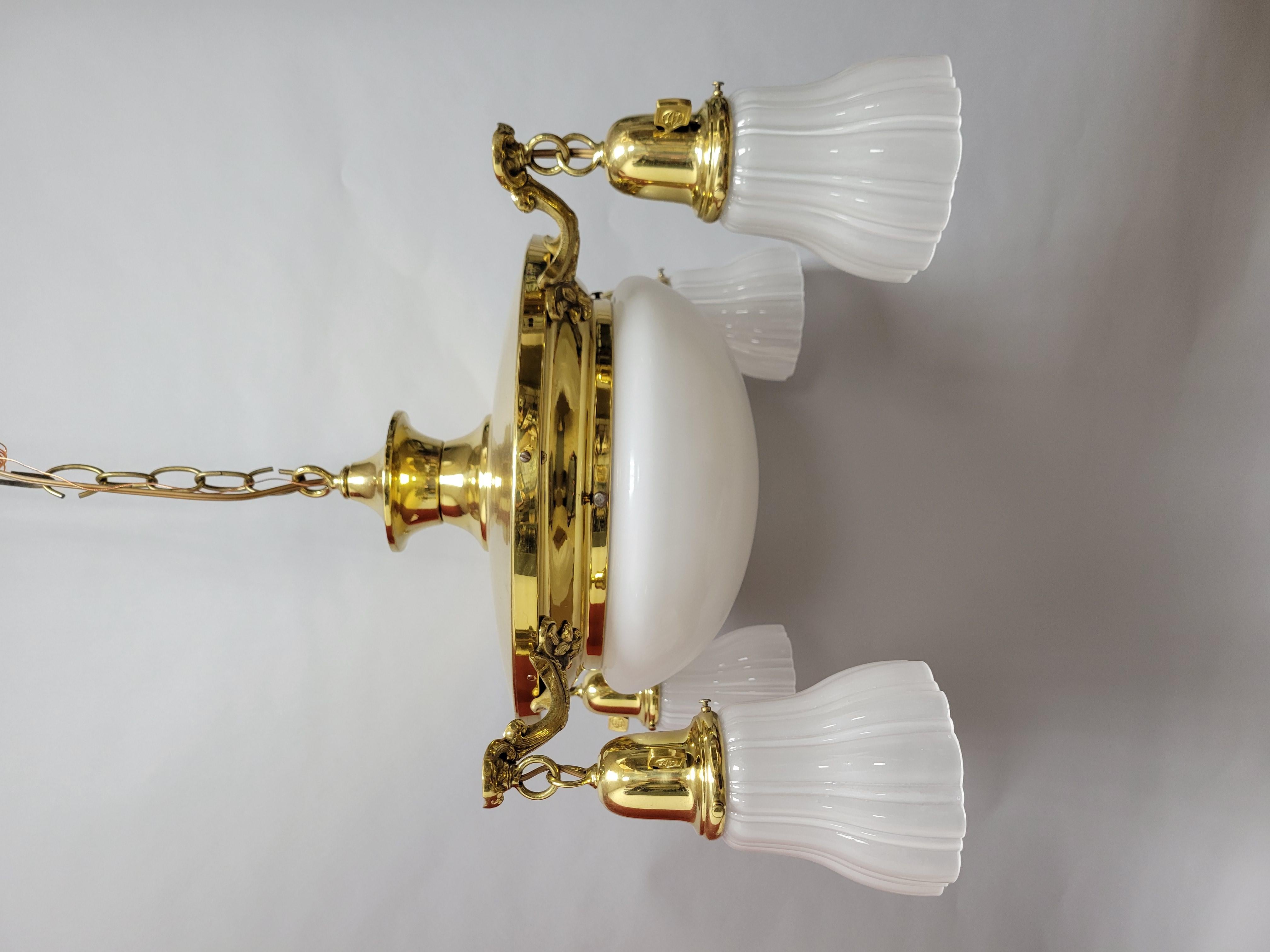 Vintage Classic Revival Brass Pan fixture with Glass Shades For Sale 4