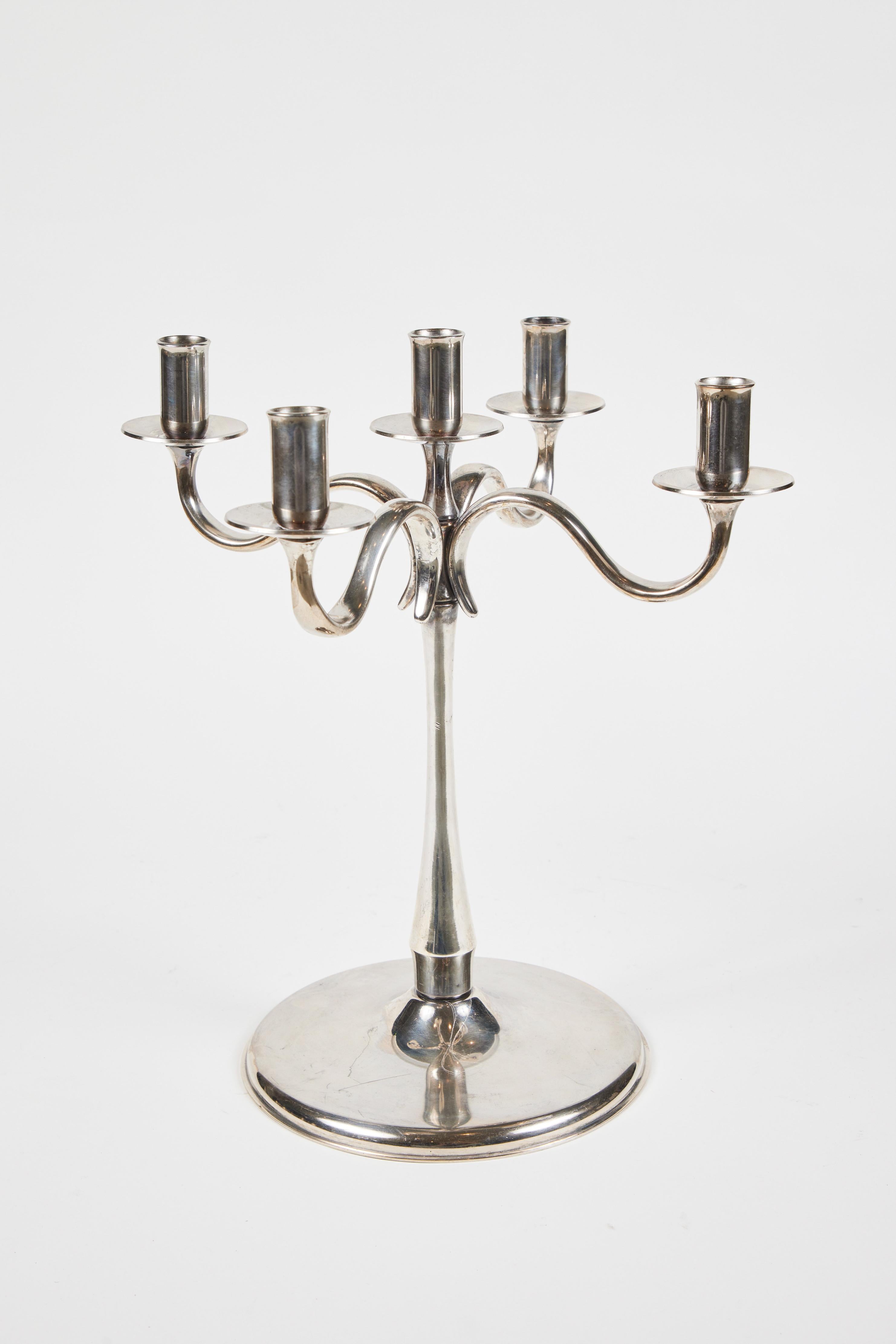 Vintage classic silver plate 5-arm candelabra with drip catchers from Italy.