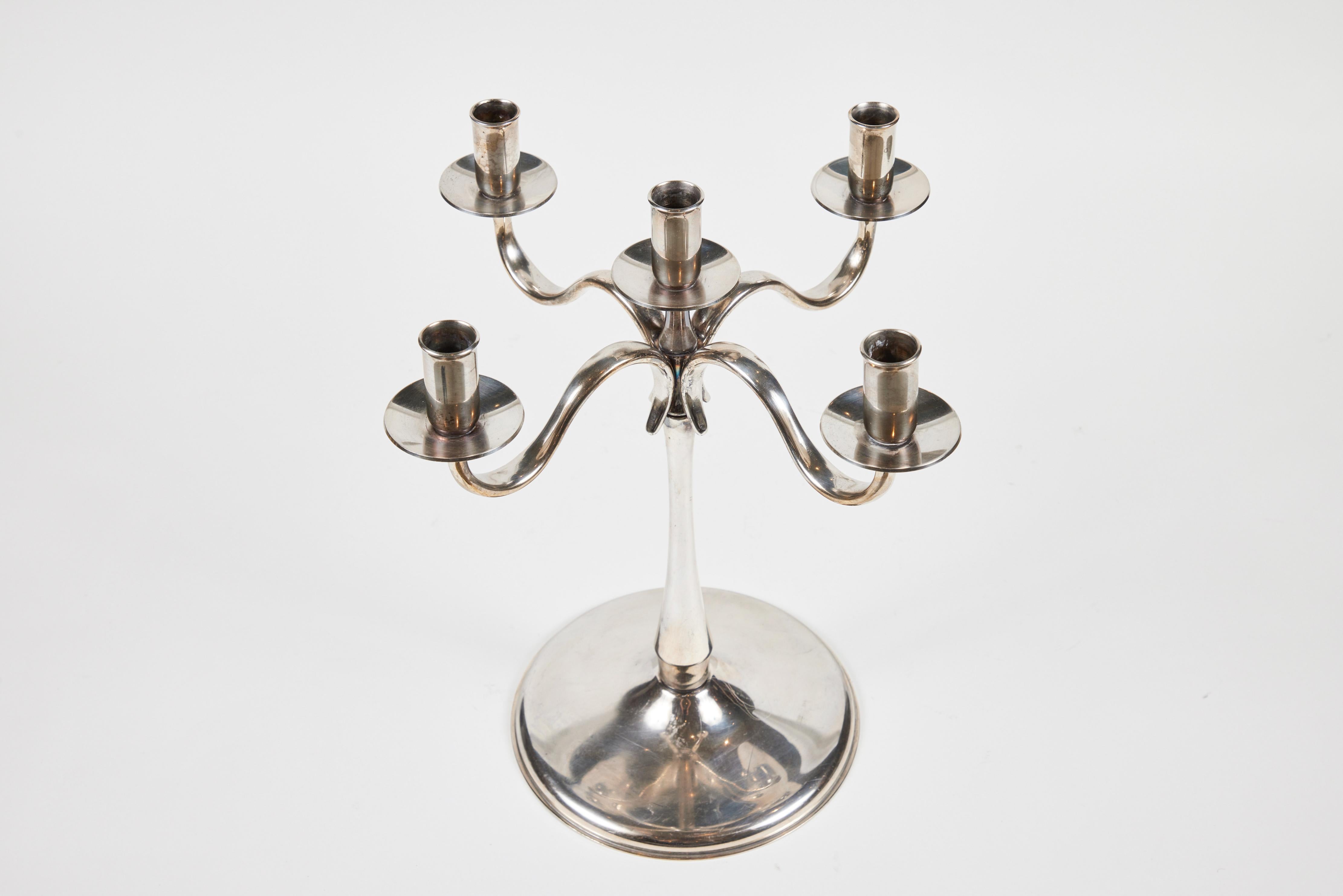 Vintage Classic Silver Plate 5-Arm Candelabra with Drip Catchers In Good Condition In Pasadena, CA
