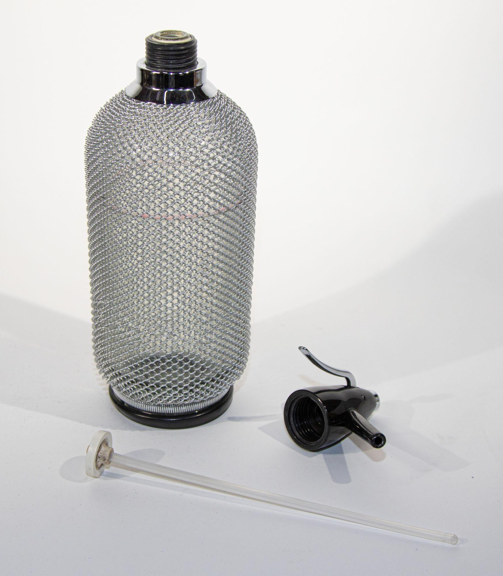 European Vintage Classic Soda Siphon Seltzer Glass Bottle with Wire Mesh For Sale
