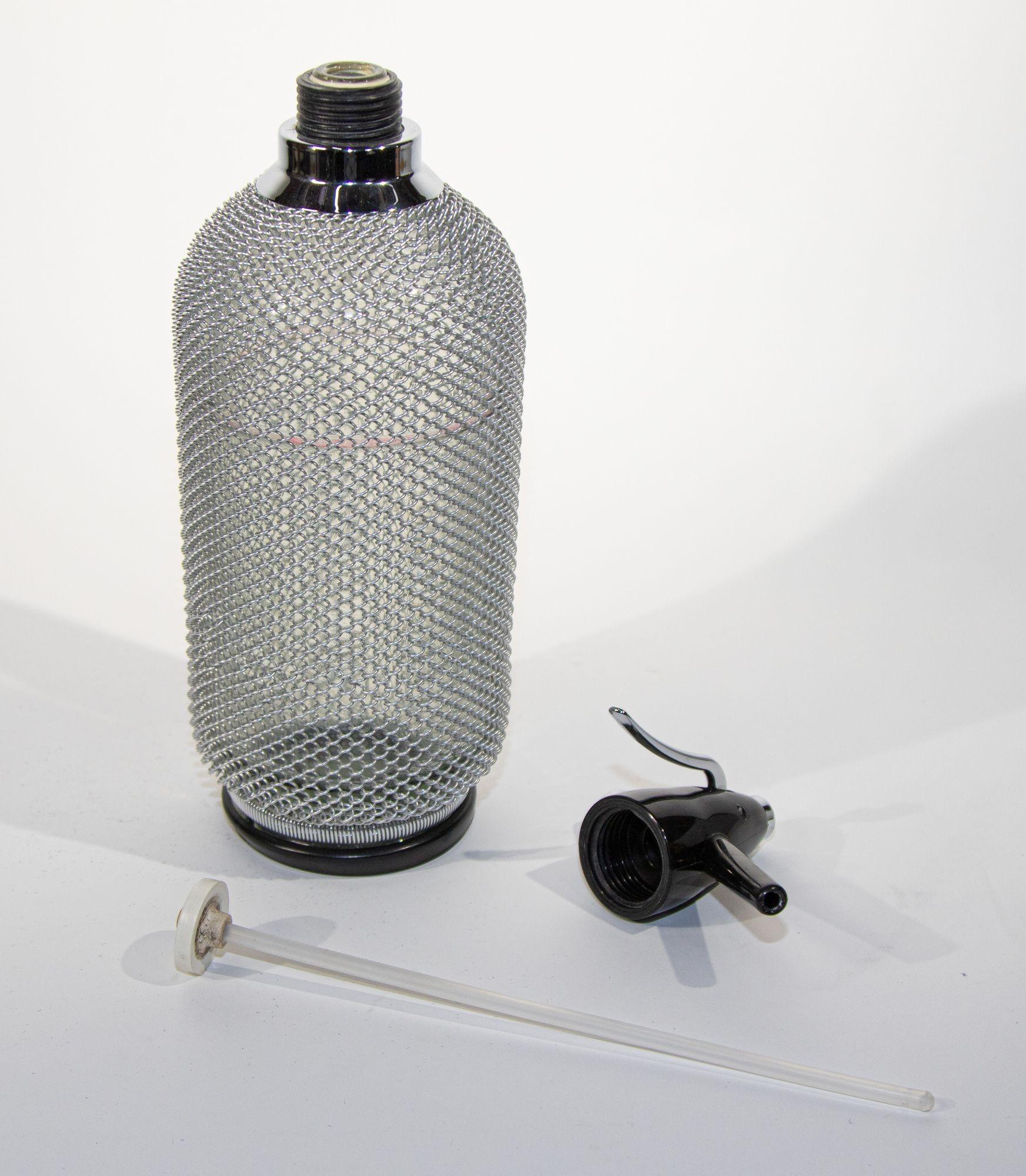 20th Century Vintage Classic Soda Siphon Seltzer Glass Bottle with Wire Mesh For Sale