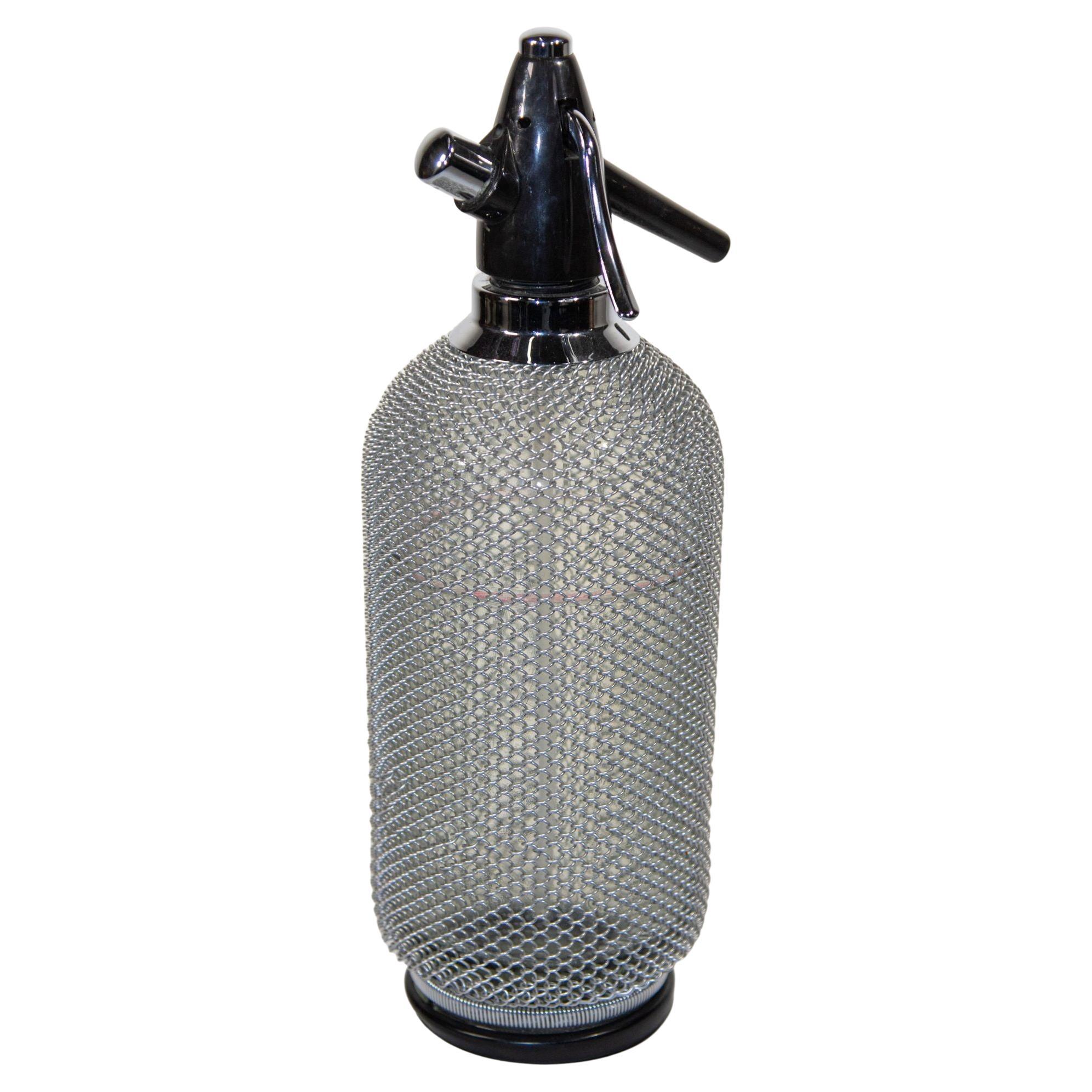 Vintage Classic Soda Siphon Seltzer Glass Bottle with Wire Mesh For Sale