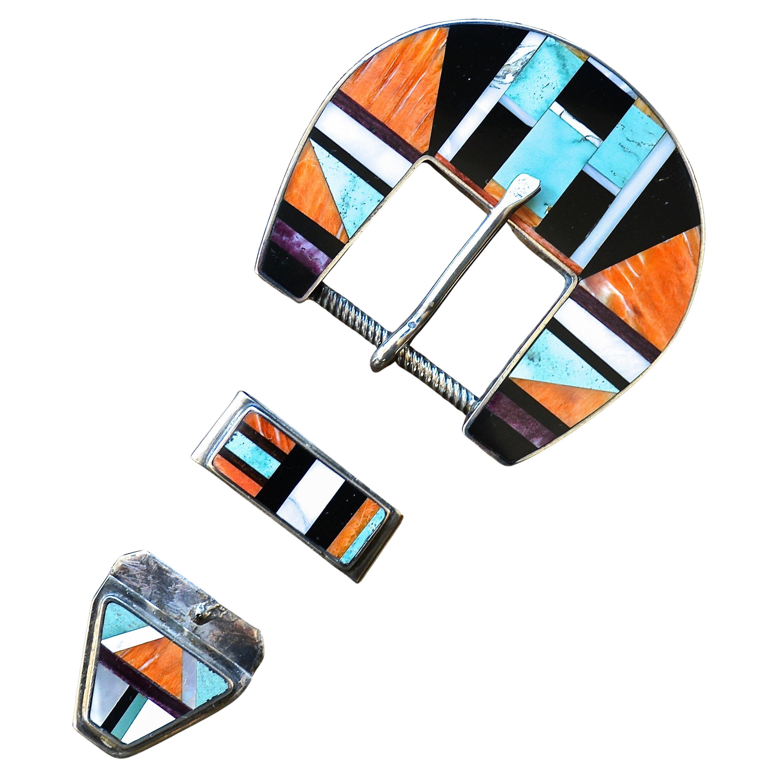Vintage Classic Zuni Inlaid Ranger Buckle Set