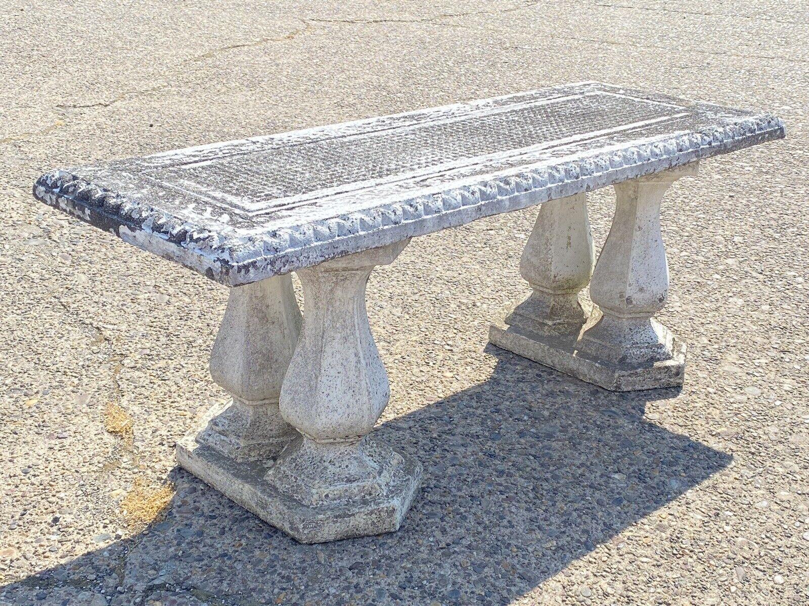 Vintage Classical Concrete Cement Double Baluster Outdoor Garden Bench Pedestals. Item features 2 concrete double baluster pedestals for a garden bench seat. Seat is not included. Example of the completed bench can be seen in image #2. Circa Mid to