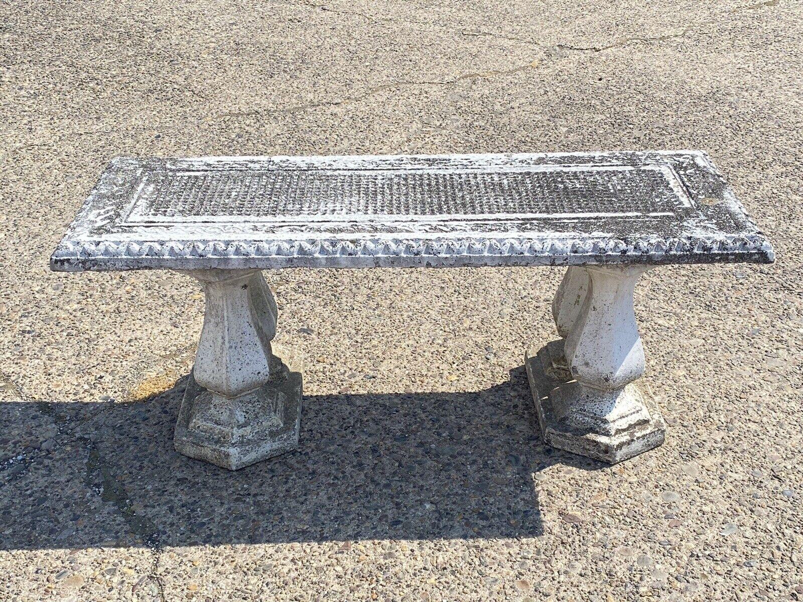 Vintage Classical Style White Concrete Cement Double Baluster Pedestal Outdoor Garden Bench.
Item features a cast concrete design, 3 part construction, unique double baluster pedestal bases, attractive distressed/weathered finish, quality