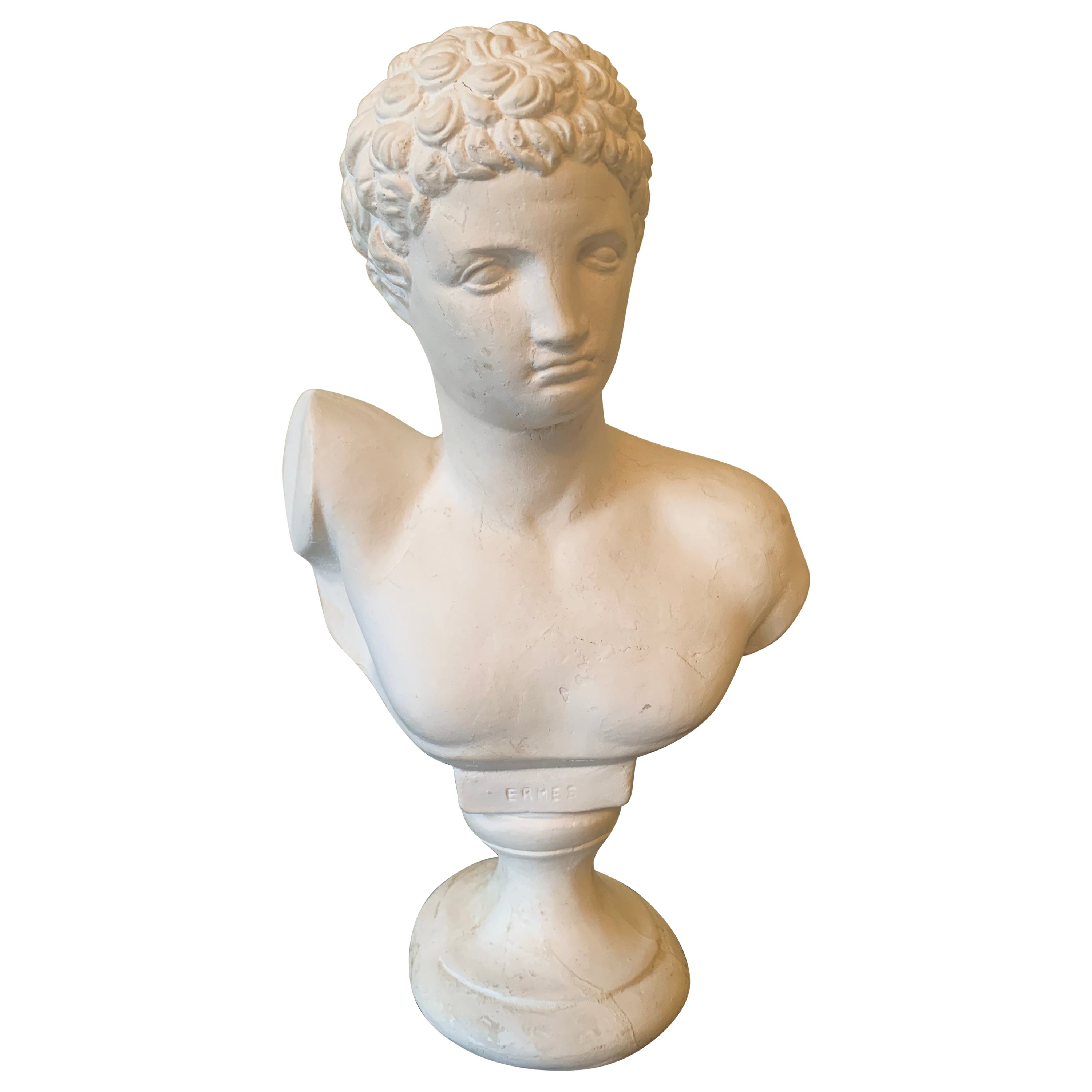 Scultura classica d'epoca in gesso con busto maschile di Hermes