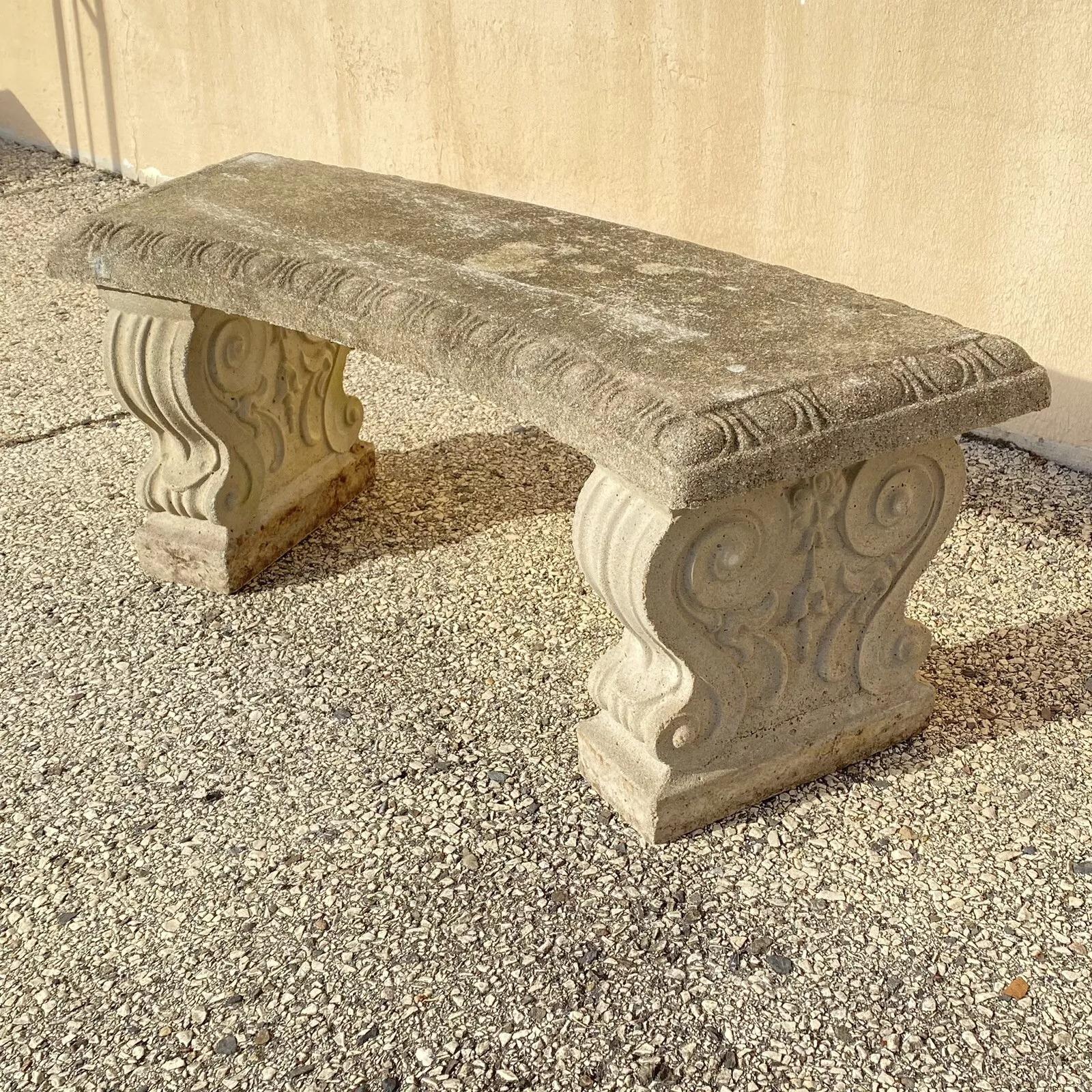 Vintage Classical Style Cast Stone Double Pedestal Curved Garden Bench Seat en vente 3