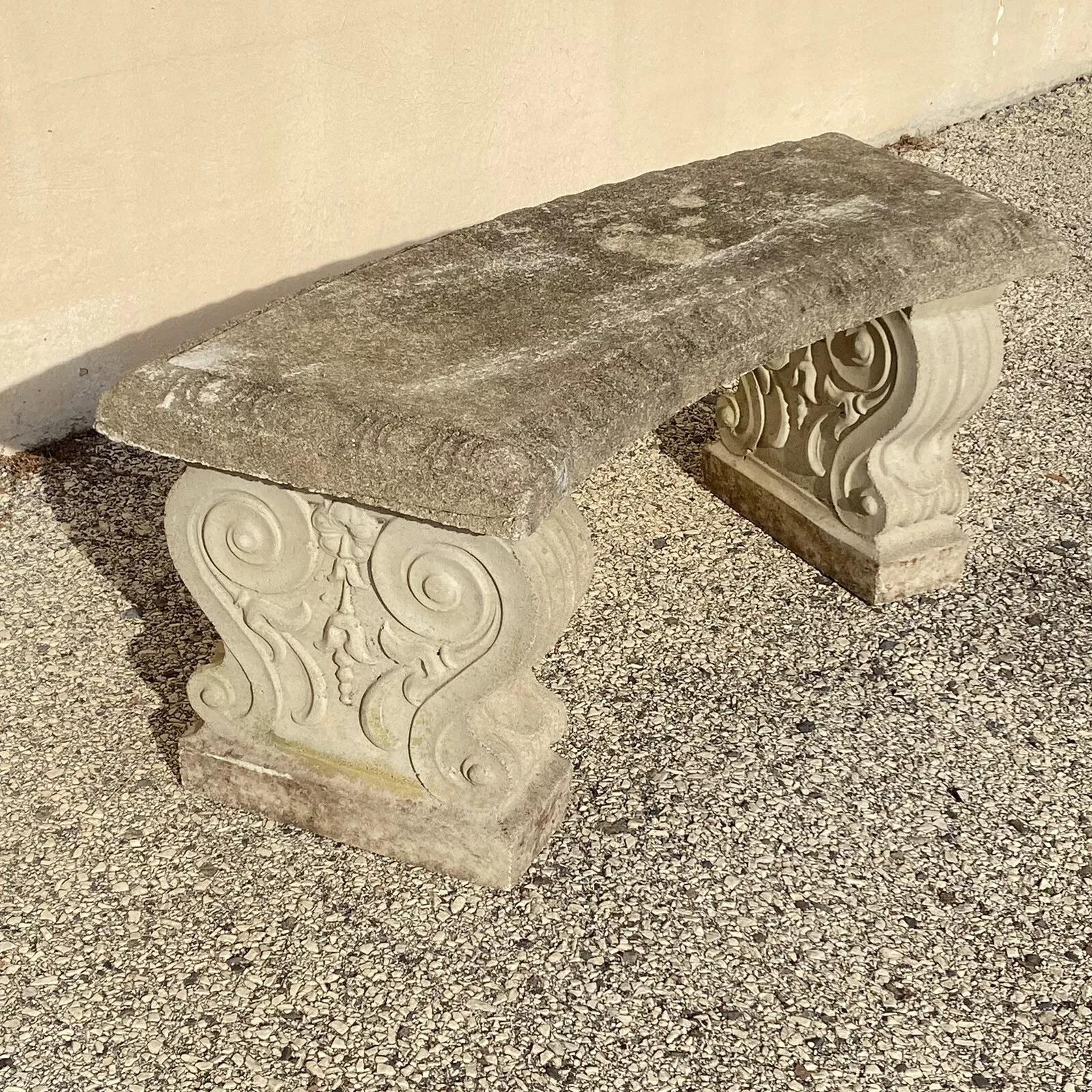 Vintage Classical Style Cast Stone Double Pedestal Curved Garden Bench Seat en vente 4
