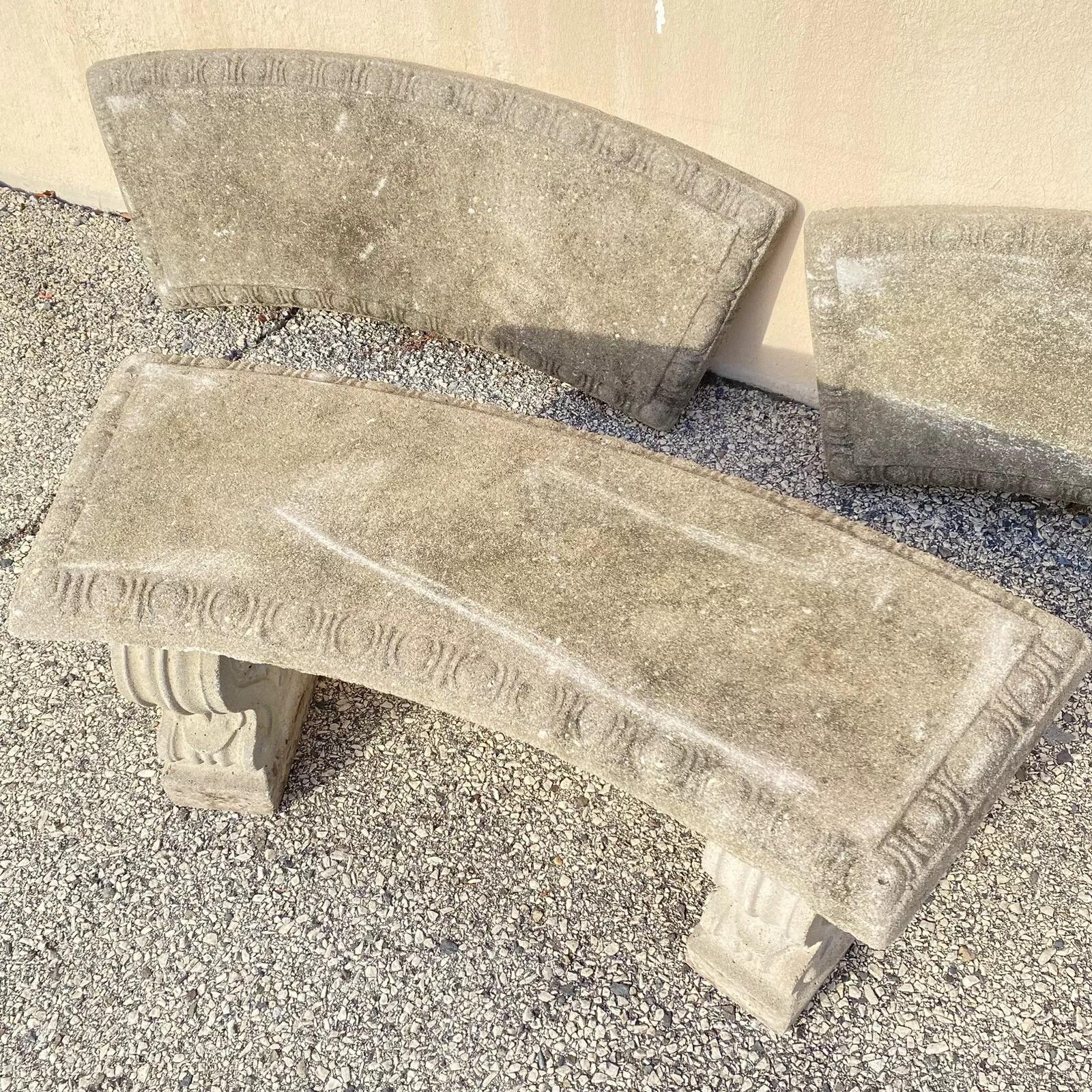 Béton Vintage Classical Style Cast Stone Double Pedestal Curved Garden Bench Seat en vente