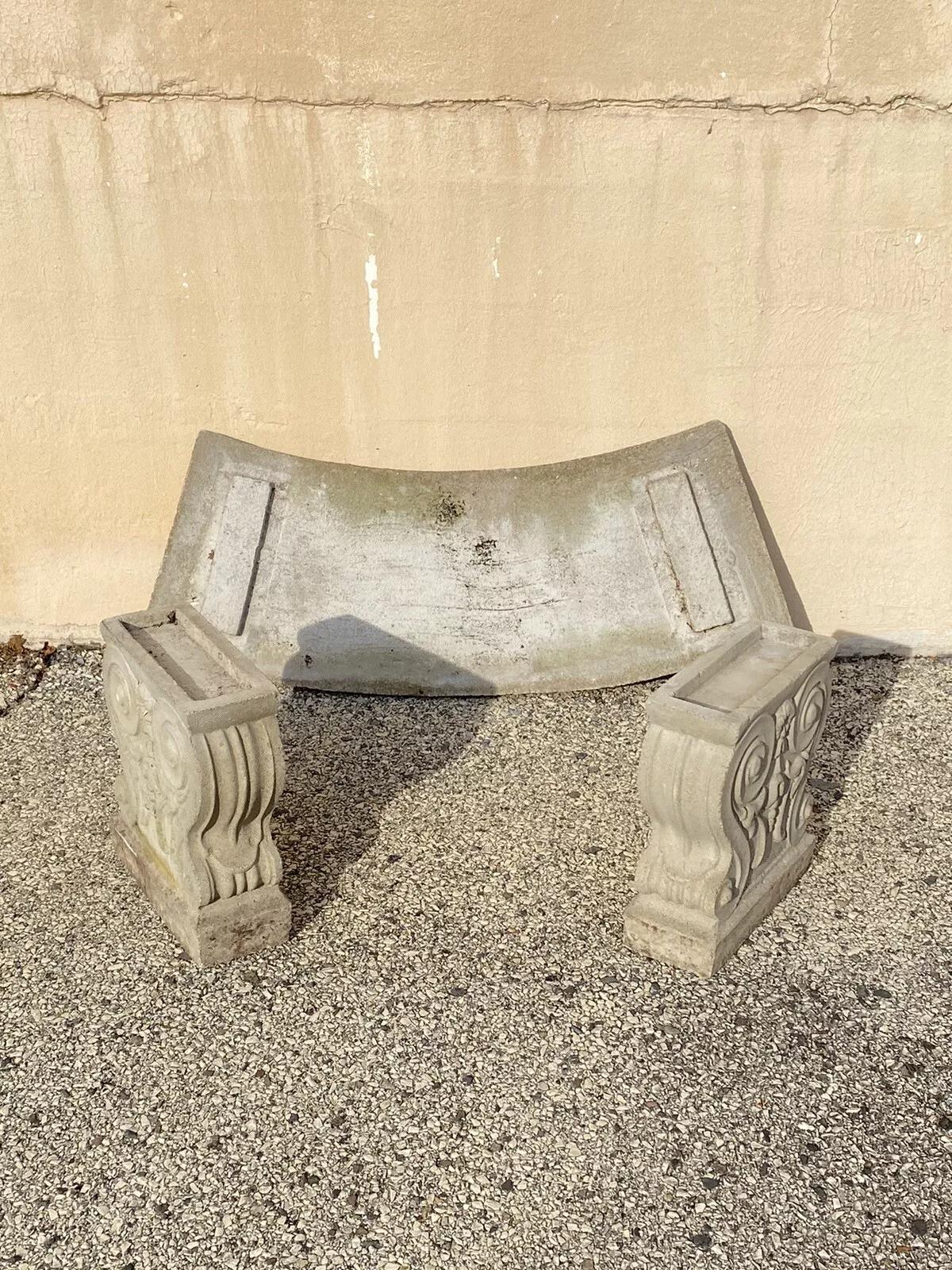 Vintage Classical Style Cast Stone Double Pedestal Curved Garden Bench Seat en vente 2