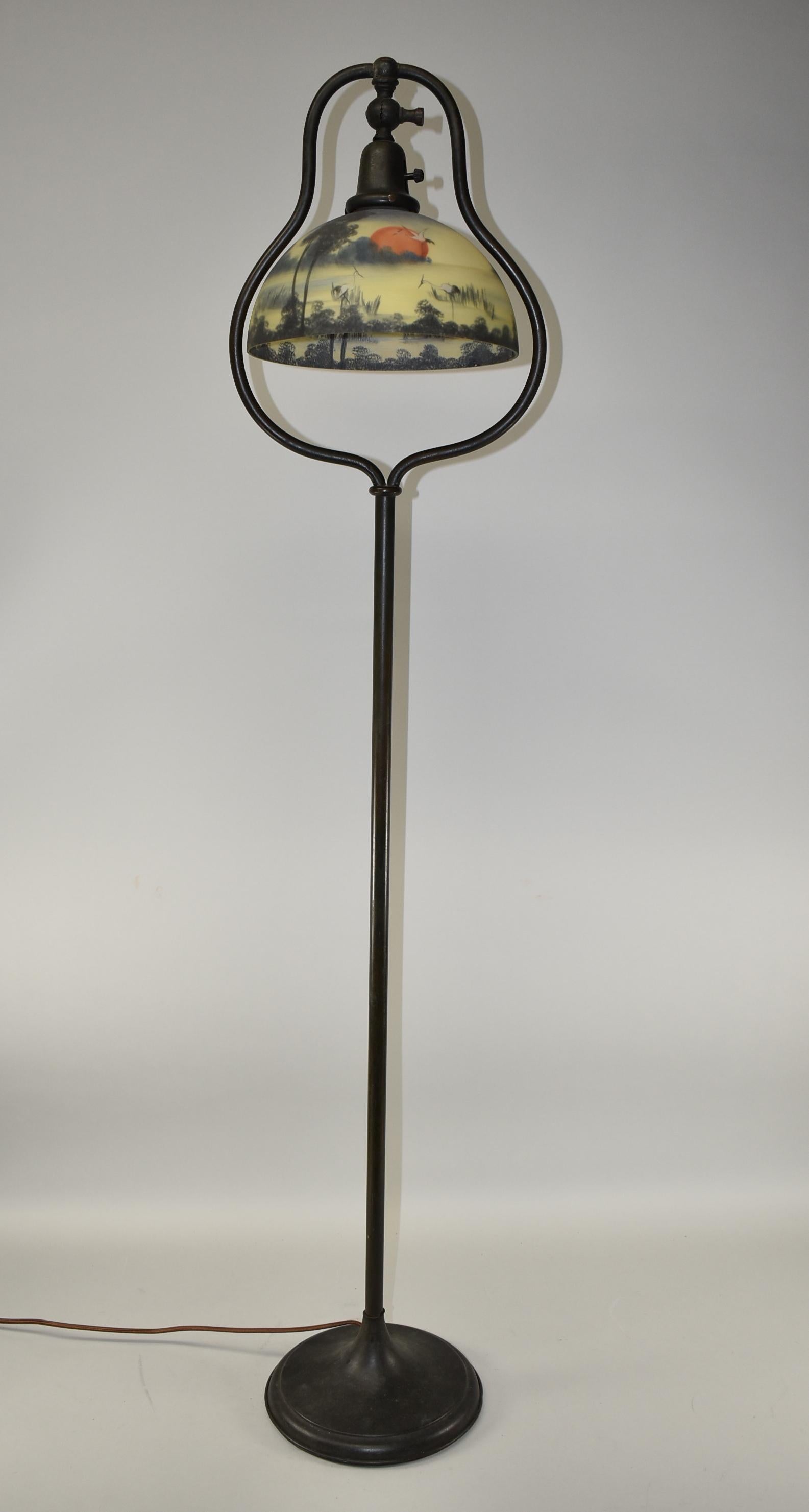 20th Century Vintage Classique Arts & Crafts Harp Floor Lamp Painted Shade Water, Cranes