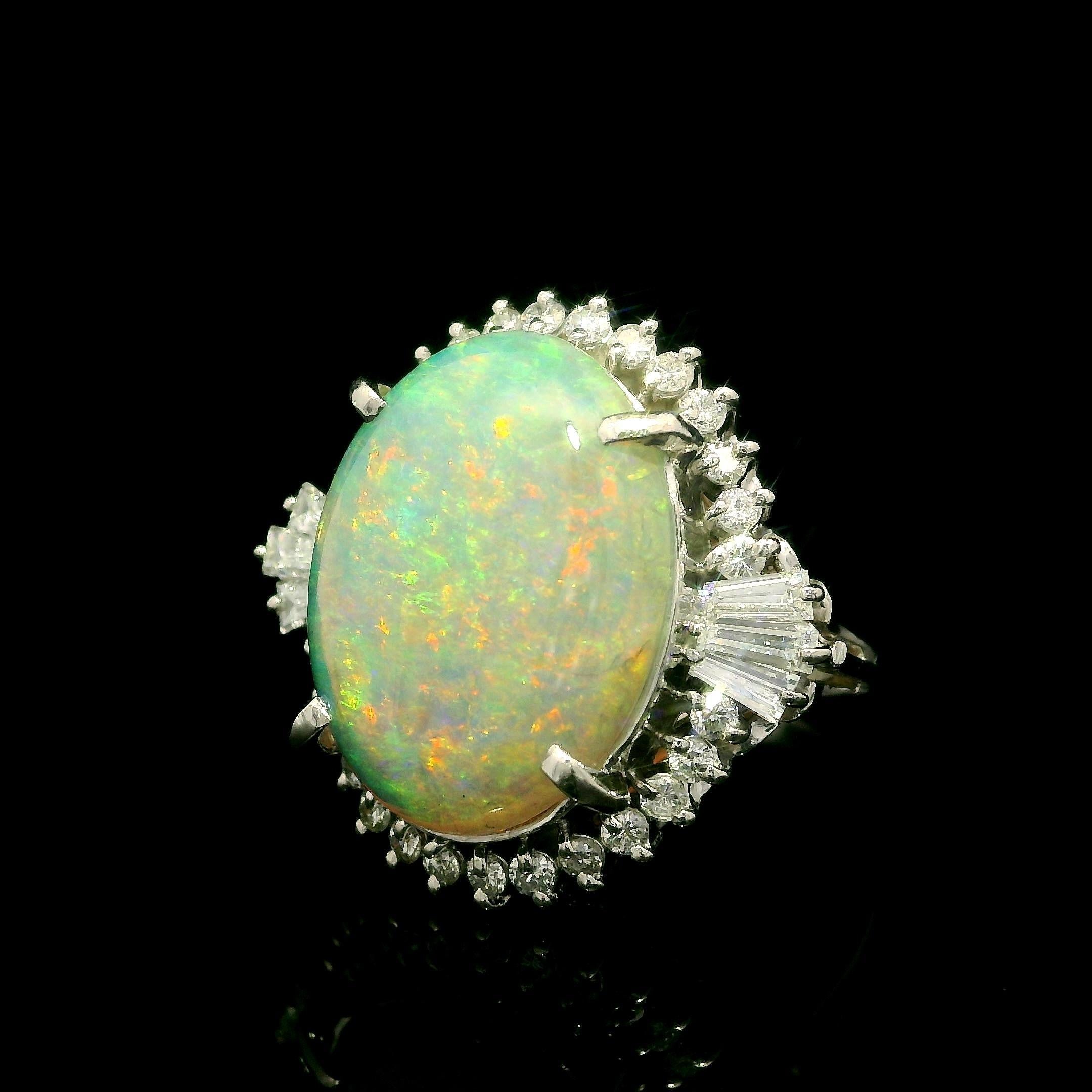 Vintage Classy Platinum 5.92ct Exceptional Color Opal Diamond Halo Cocktail Ring For Sale 6