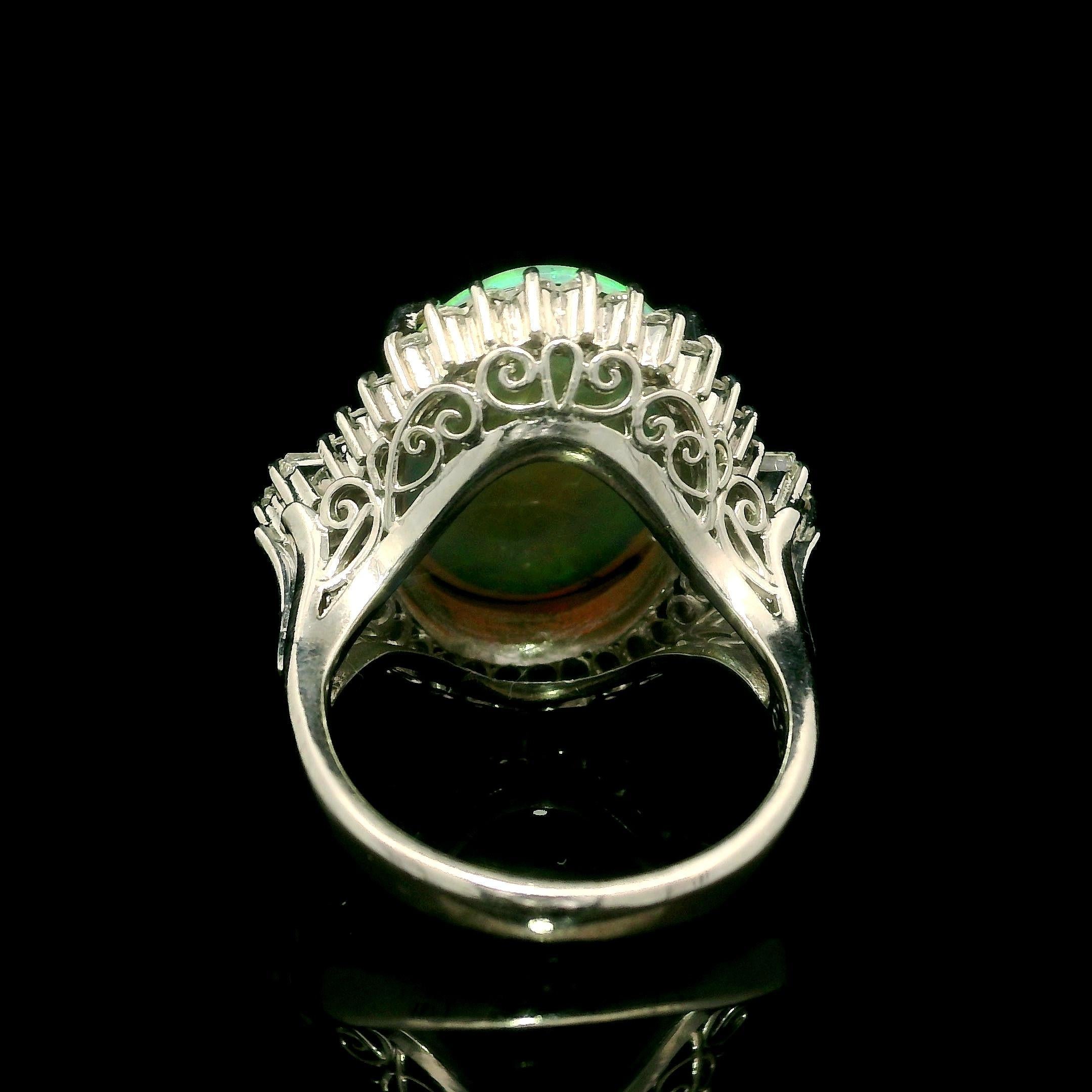 Vintage Classy Platinum 5.92ct Exceptional Color Opal Diamond Halo Cocktail Ring For Sale 7