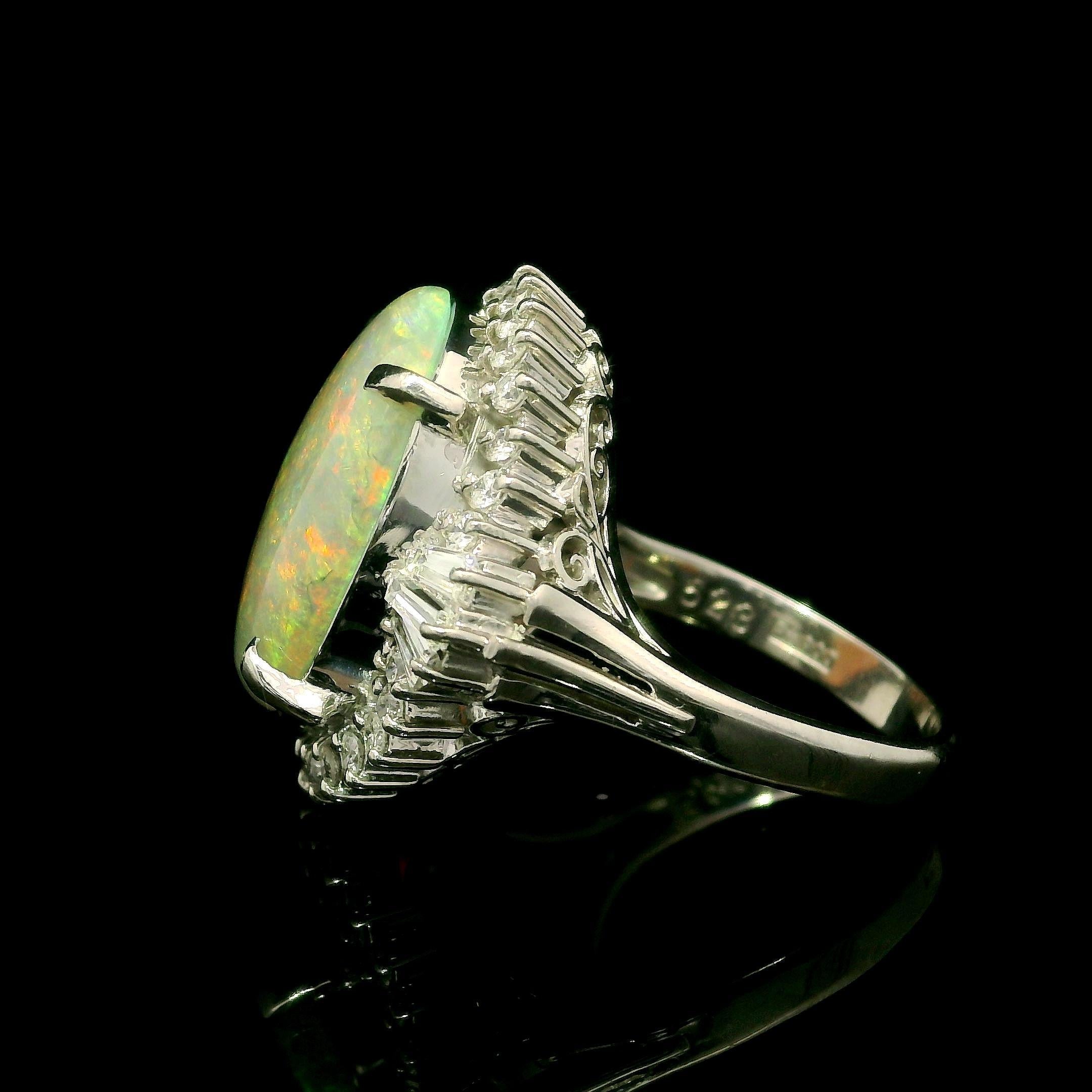 Vintage Classy Platinum 5.92ct Exceptional Color Opal Diamond Halo Cocktail Ring For Sale 8