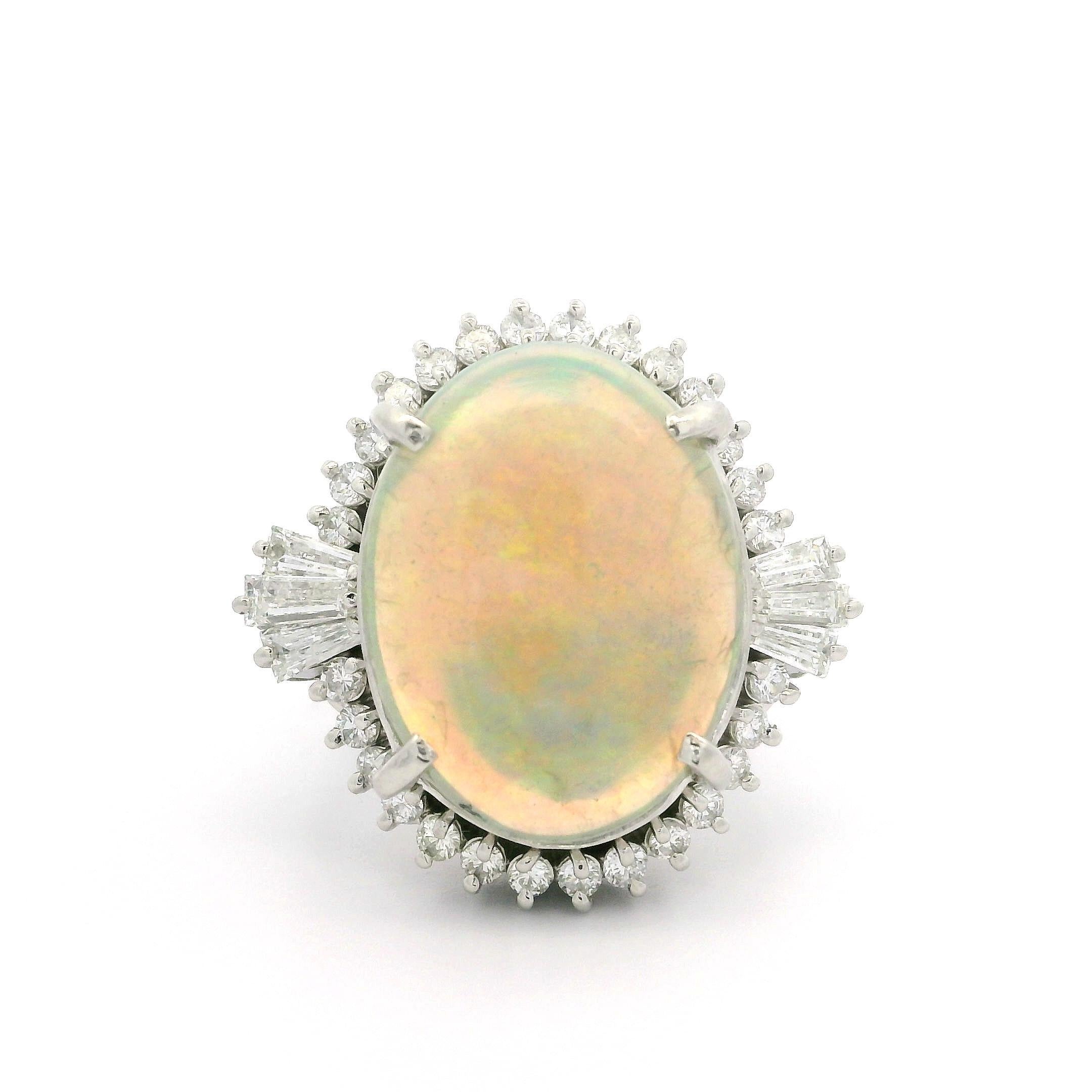 Vintage Classy Platinum 5.92ct Exceptional Color Opal Diamond Halo Cocktail Ring For Sale 9