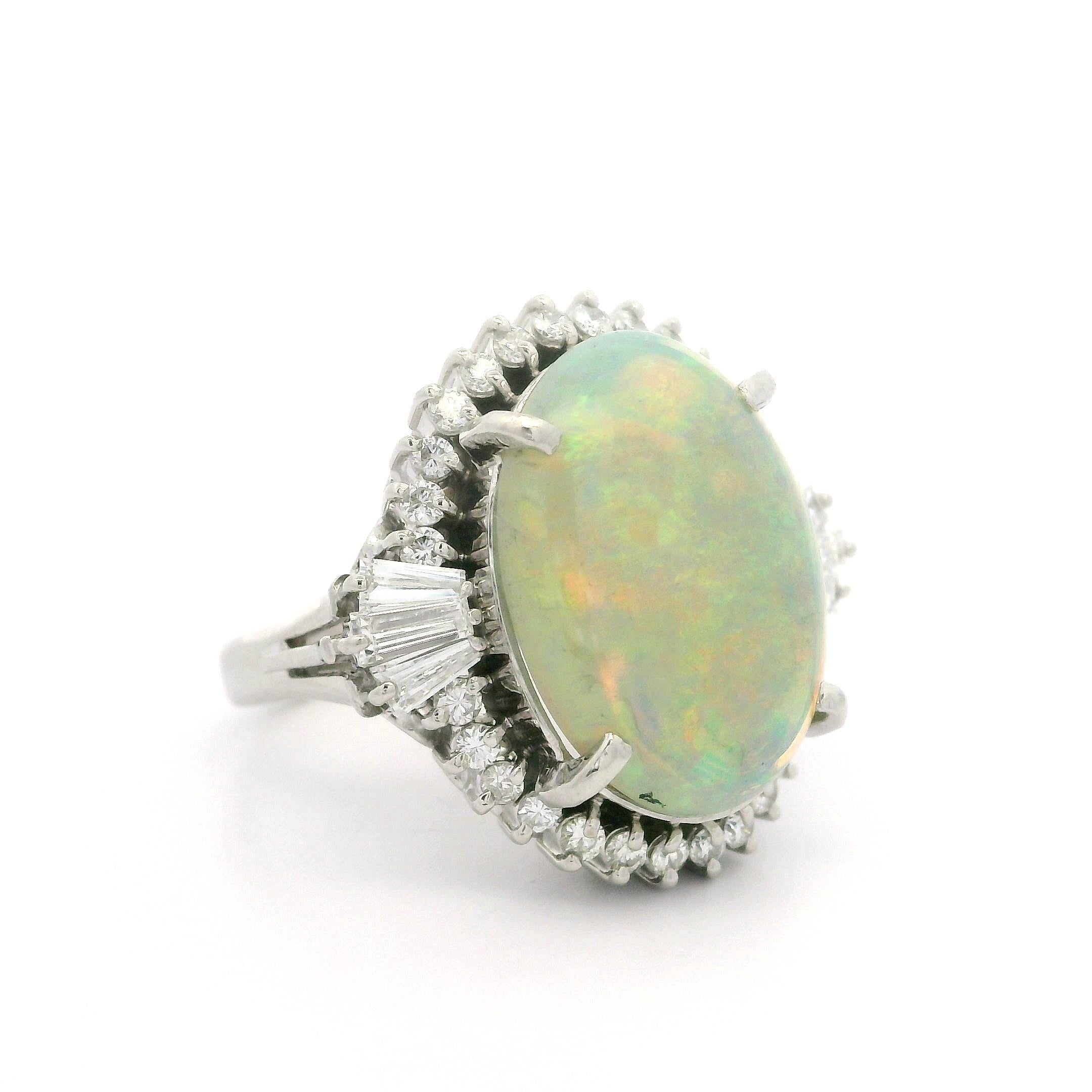 Cabochon Vintage Classy Platinum 5.92ct Exceptional Color Opal Diamond Halo Cocktail Ring For Sale
