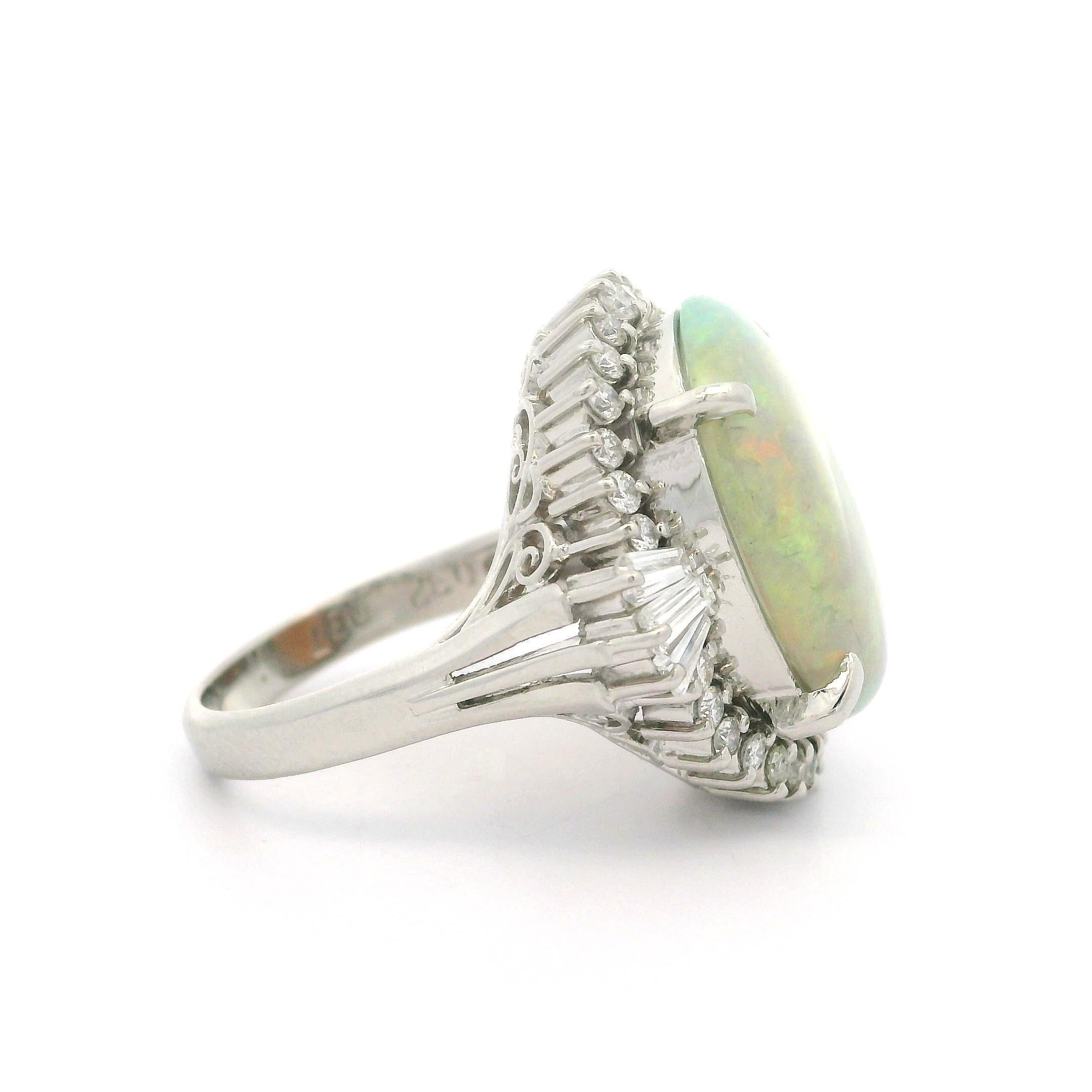 Vintage Classy Platinum 5.92ct Exceptional Color Opal Diamond Halo Cocktail Ring In Excellent Condition For Sale In Montclair, NJ