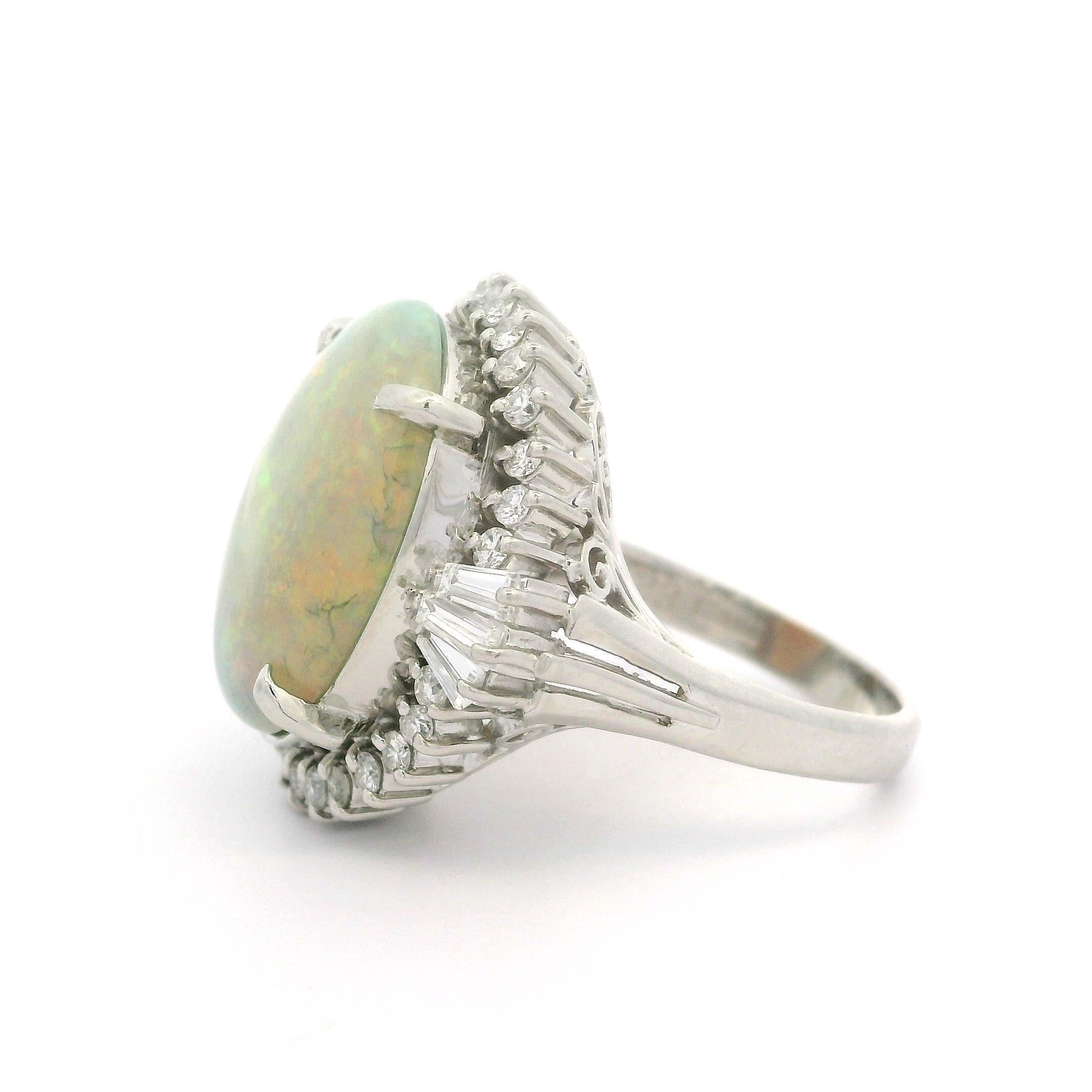 Vintage Classy Platinum 5.92ct Exceptional Color Opal Diamond Halo Cocktail Ring For Sale 1