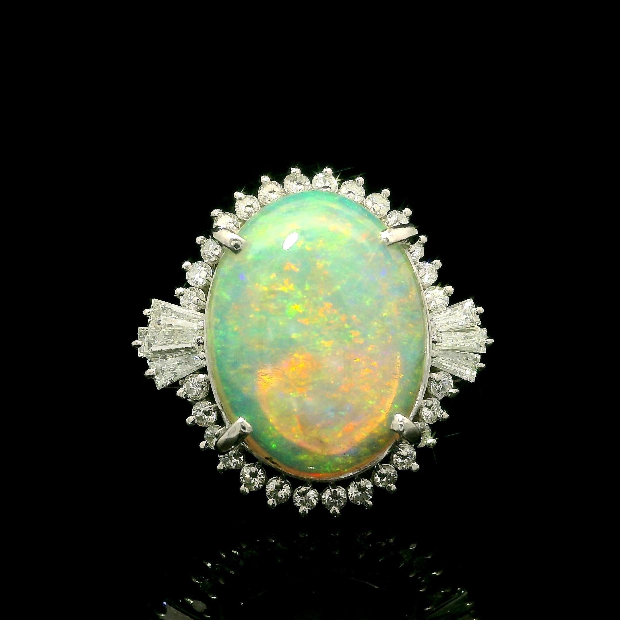 Vintage Classy Platinum 5.92ct Exceptional Color Opal Diamond Halo Cocktail Ring For Sale 4