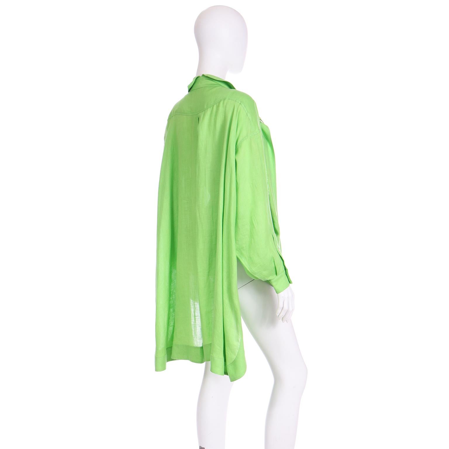 Vintage Claude Montana 1985 Lime Green Linen Tuxedo Style Runway Blouse Top In Good Condition In Portland, OR