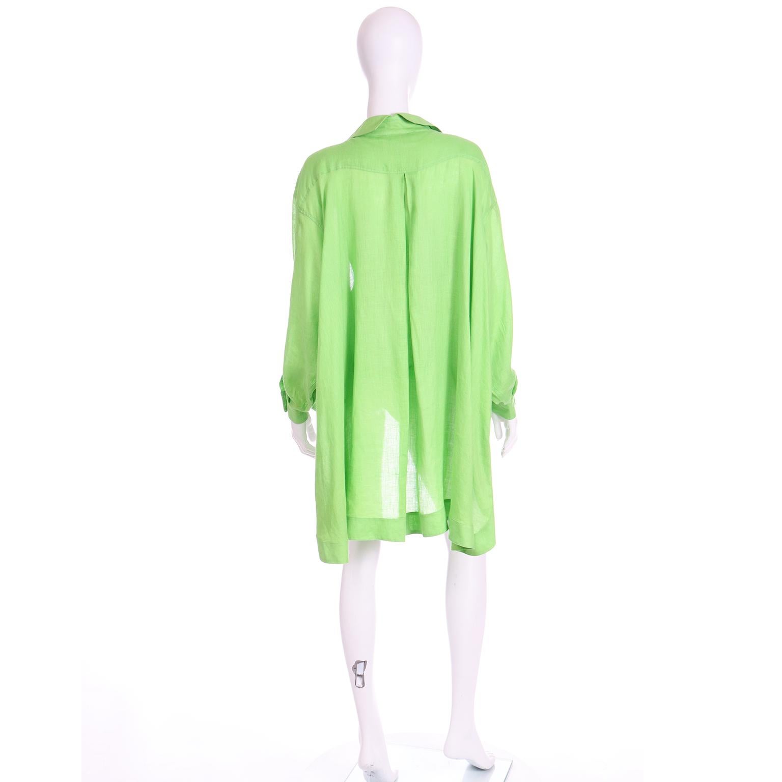 Women's Vintage Claude Montana 1985 Lime Green Linen Tuxedo Style Runway Blouse Top