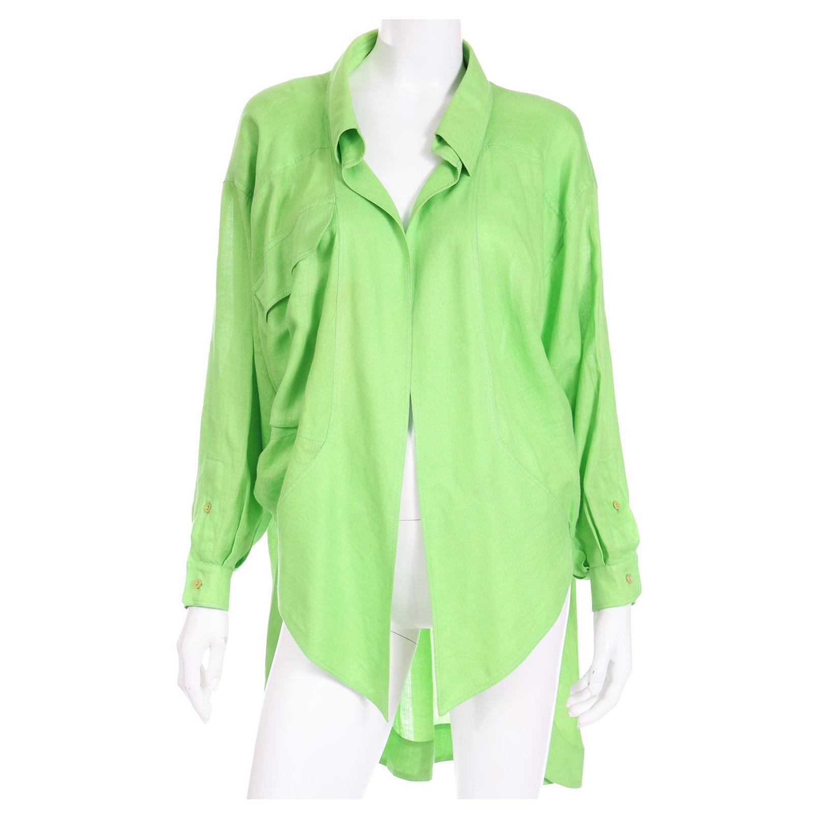 Vintage Claude Montana 1980s Lime Green Linen Tuxedo Style Blouse Top For  Sale at 1stDibs