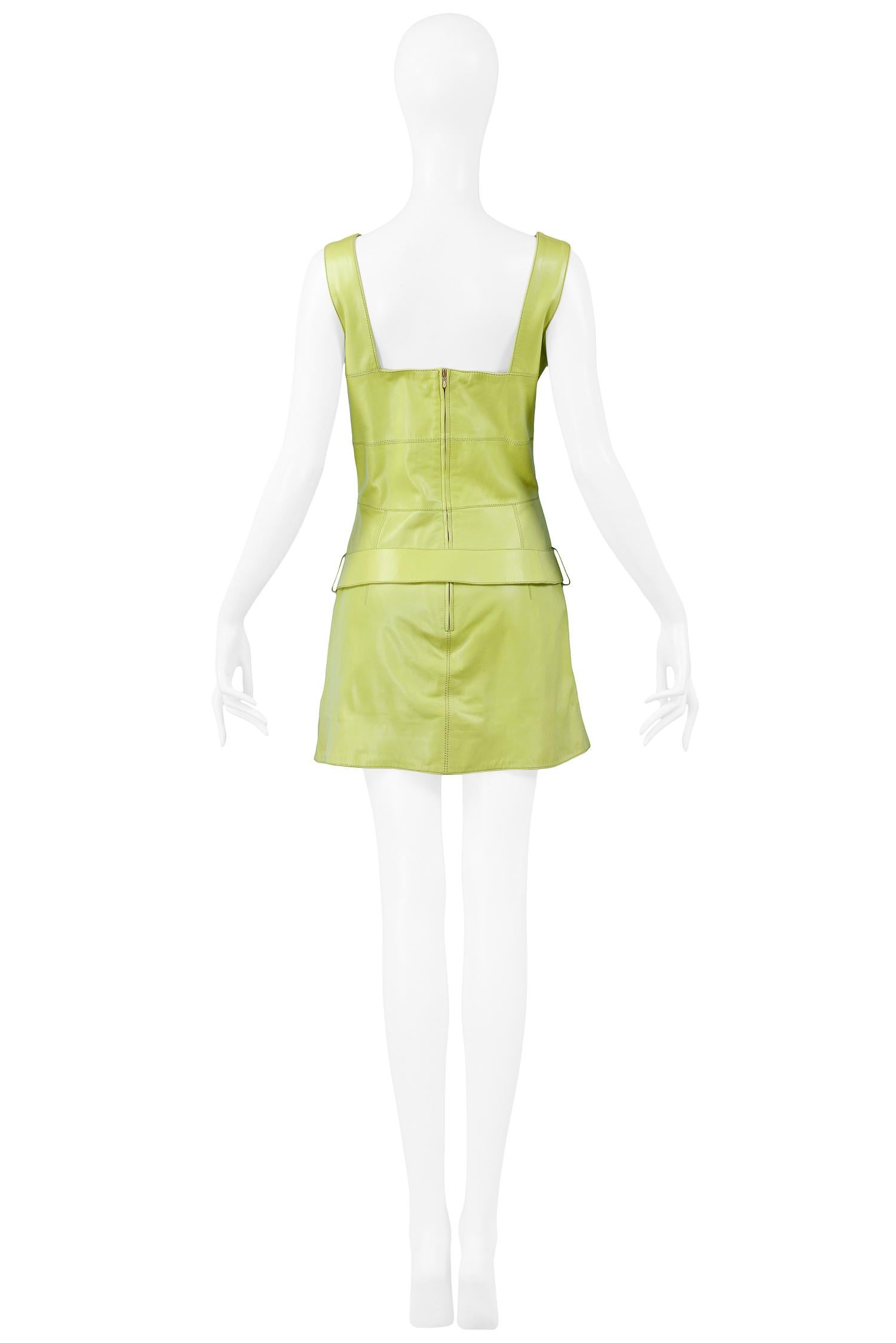 Vintage Claude Montana Chartreuse Green Leather Dress & Belt In Excellent Condition In Los Angeles, CA