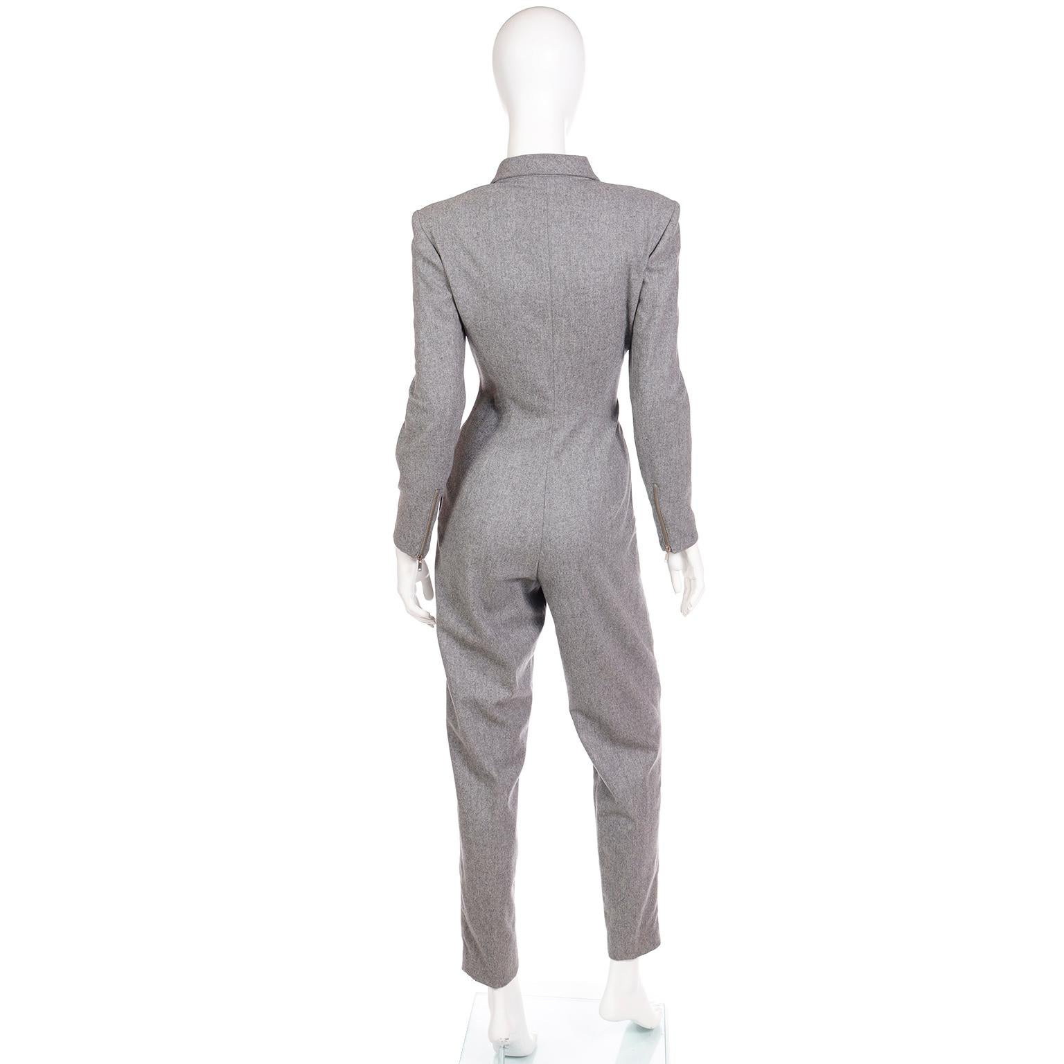 Vintage Claude Montana Heather Grey Wool One Piece Jumpsuit w Zipper Details In Excellent Condition In Portland, OR