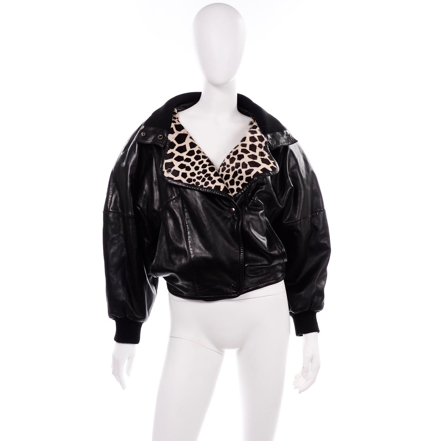 1985 F/W Vintage Claude Montana Ideal Cuir Schwarz Lederjacke W Pony Haar Damen